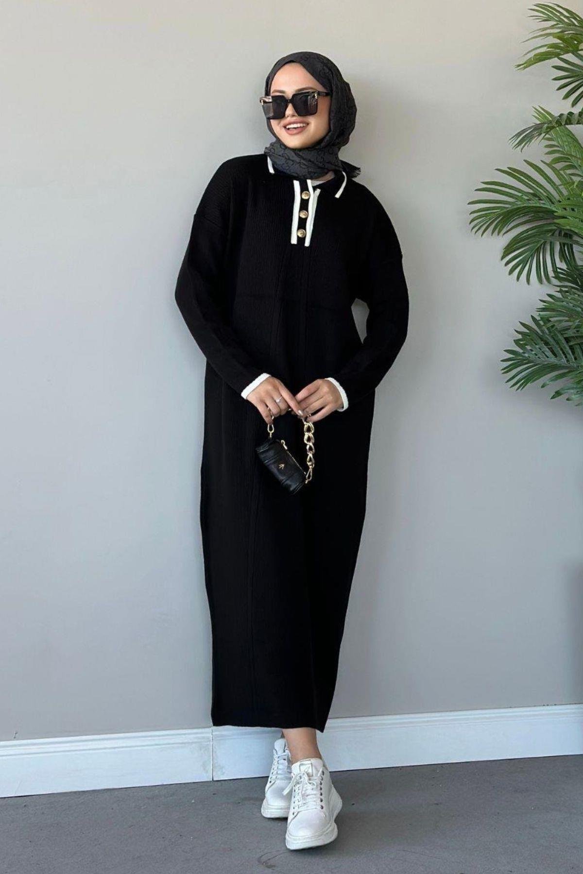 Önü Düğmeli Triko Elbise Siyah, Fiyatları Haza Moda | Tesettür Giyim | Önü Düğmeli Triko Elbise Siyah