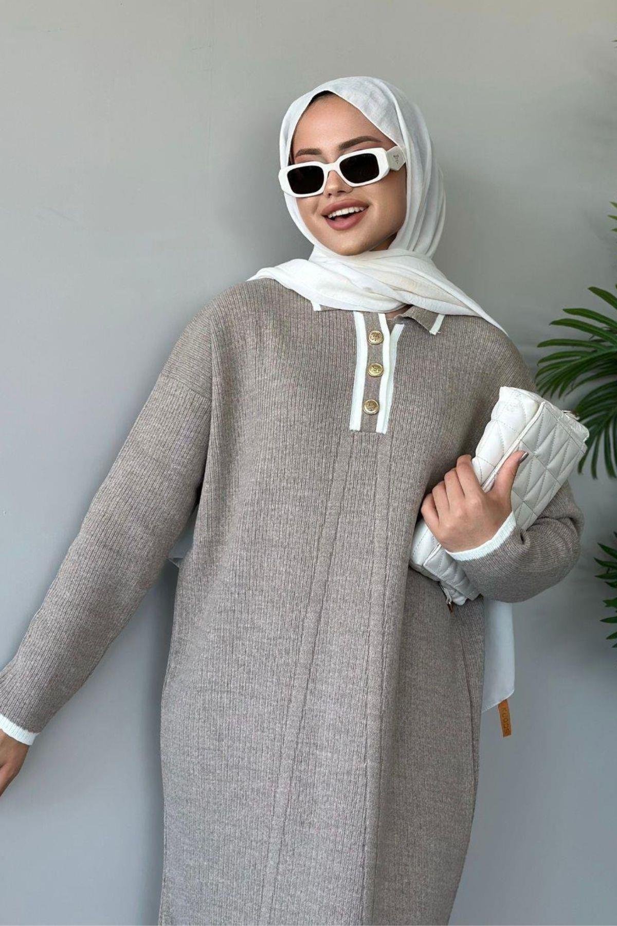 Önü Düğmeli Triko Elbise Taş, Fiyatları Haza Moda | Tesettür Giyim | Önü Düğmeli Triko Elbise Bej