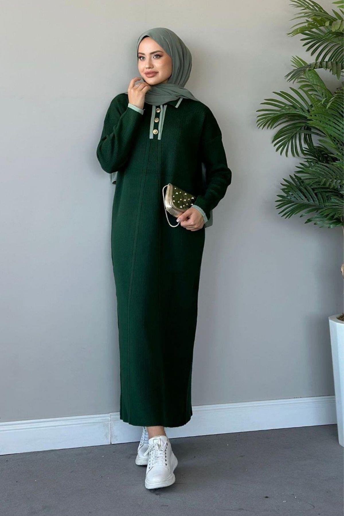 Önü Düğmeli Triko Elbise Zümrüt, Fiyatları Haza Moda | Tesettür Giyim | Önü Düğmeli Triko Elbise Zümrüt