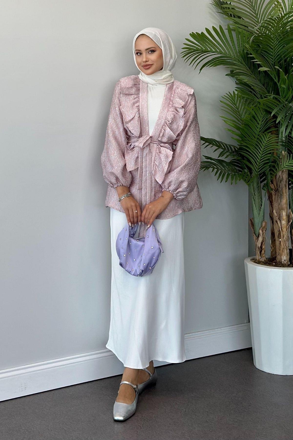 Önü Fırfırlı Kimono Pudra, Fiyatları Haza Moda | Tesettür Giyim | Önü Fırfırlı Kimono Pudra