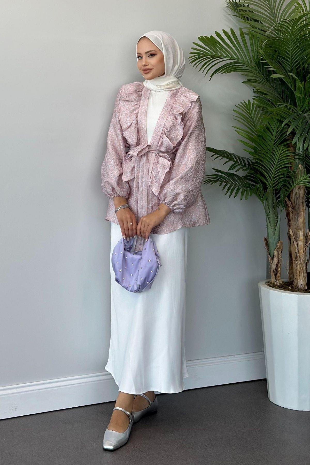 Önü Fırfırlı Kimono Pudra, Fiyatları Haza Moda | Tesettür Giyim | Önü Fırfırlı Kimono Pudra