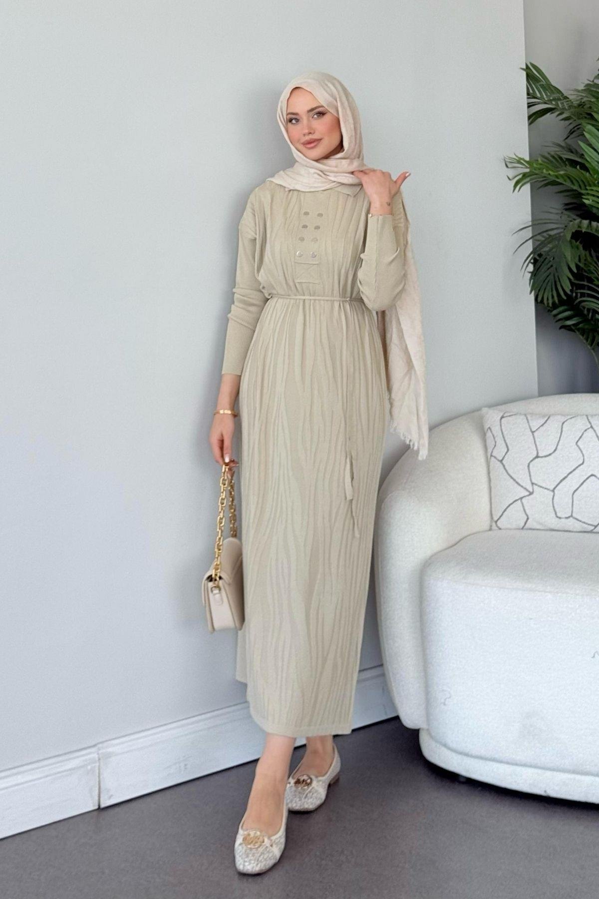 Osaka Zebra Desen Merserize Elbise Bej, Fiyatları Osaka Zebra Desen Merserize Elbise Bej- Haza Moda 