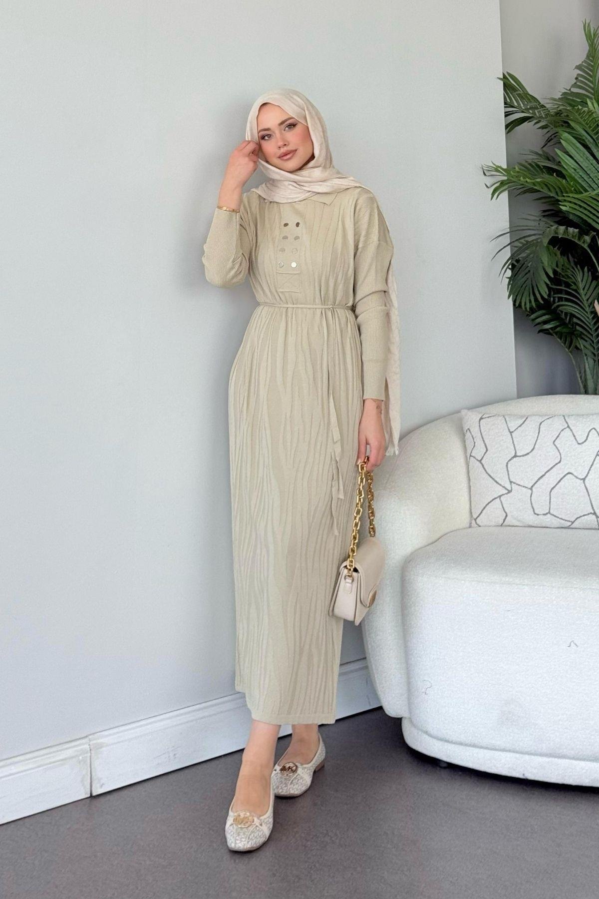 Osaka Zebra Desen Merserize Elbise Bej, Fiyatları Osaka Zebra Desen Merserize Elbise Bej- Haza Moda 