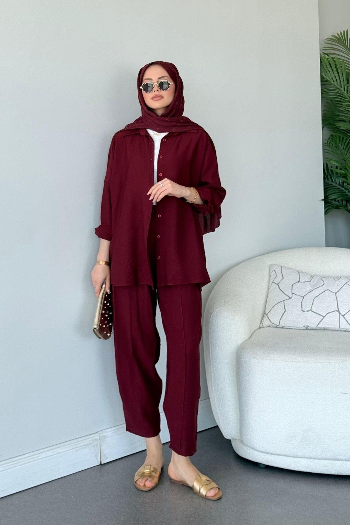 Pargalı Şalvar Takım Bordo, Fiyatları Pargalı Şalvar Takım Bordo Haza Moda 
