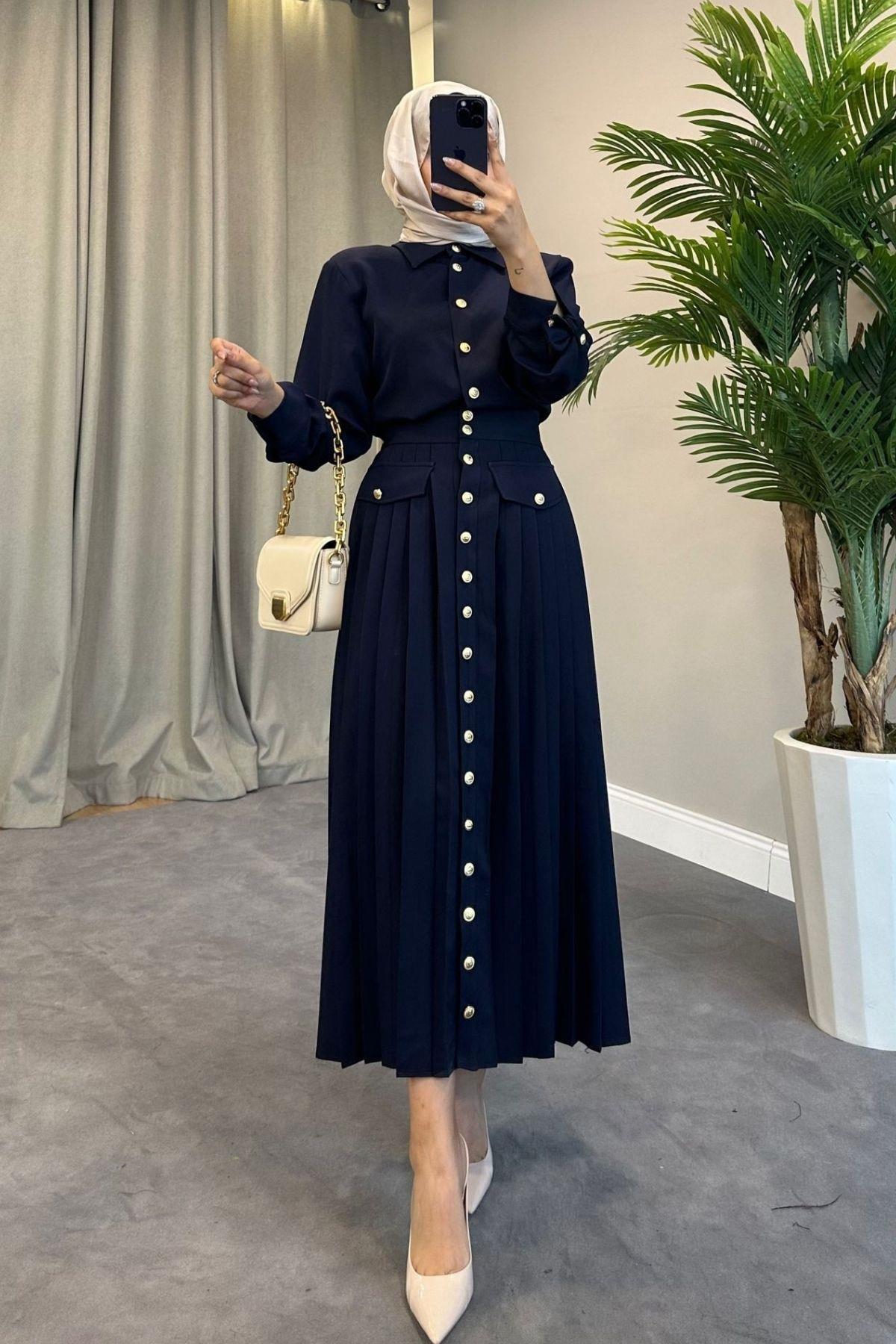 Paris Elbise Lacivert, Fiyatları Haza Moda | Tesettür Giyim | Paris Elbise Lacivert