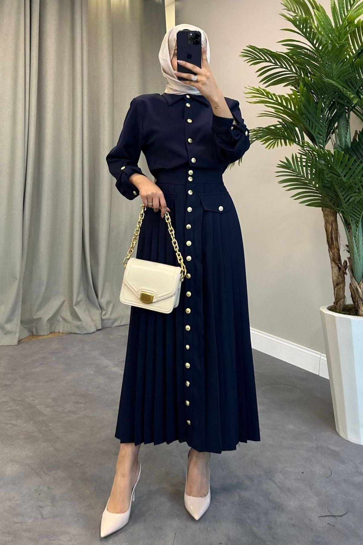 Paris Elbise Lacivert, Fiyatları Haza Moda | Tesettür Giyim | Paris Elbise Lacivert