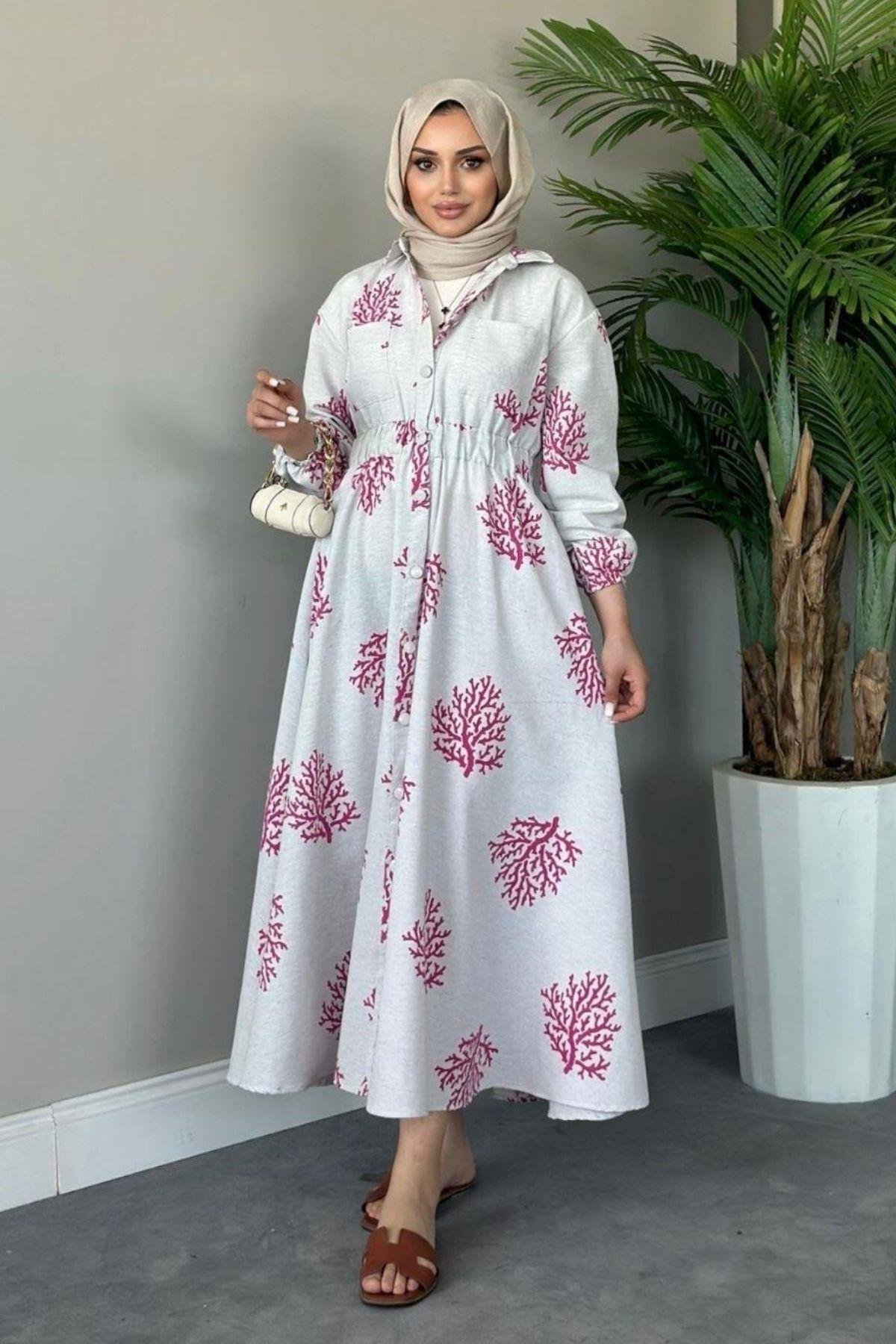 Pervin Desenli Keten Elbise Fuşya, Fiyatları 