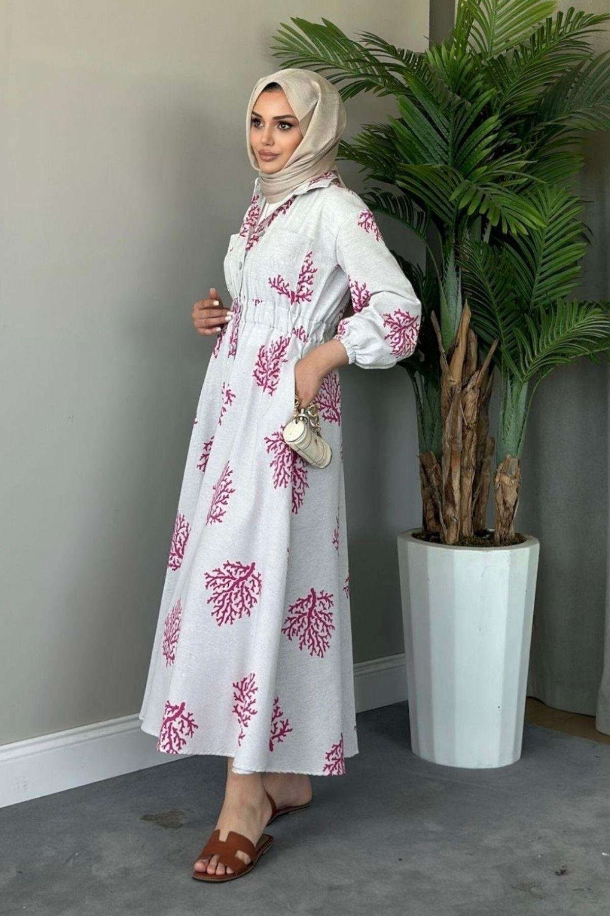 Pervin Desenli Keten Elbise Fuşya, Fiyatları 