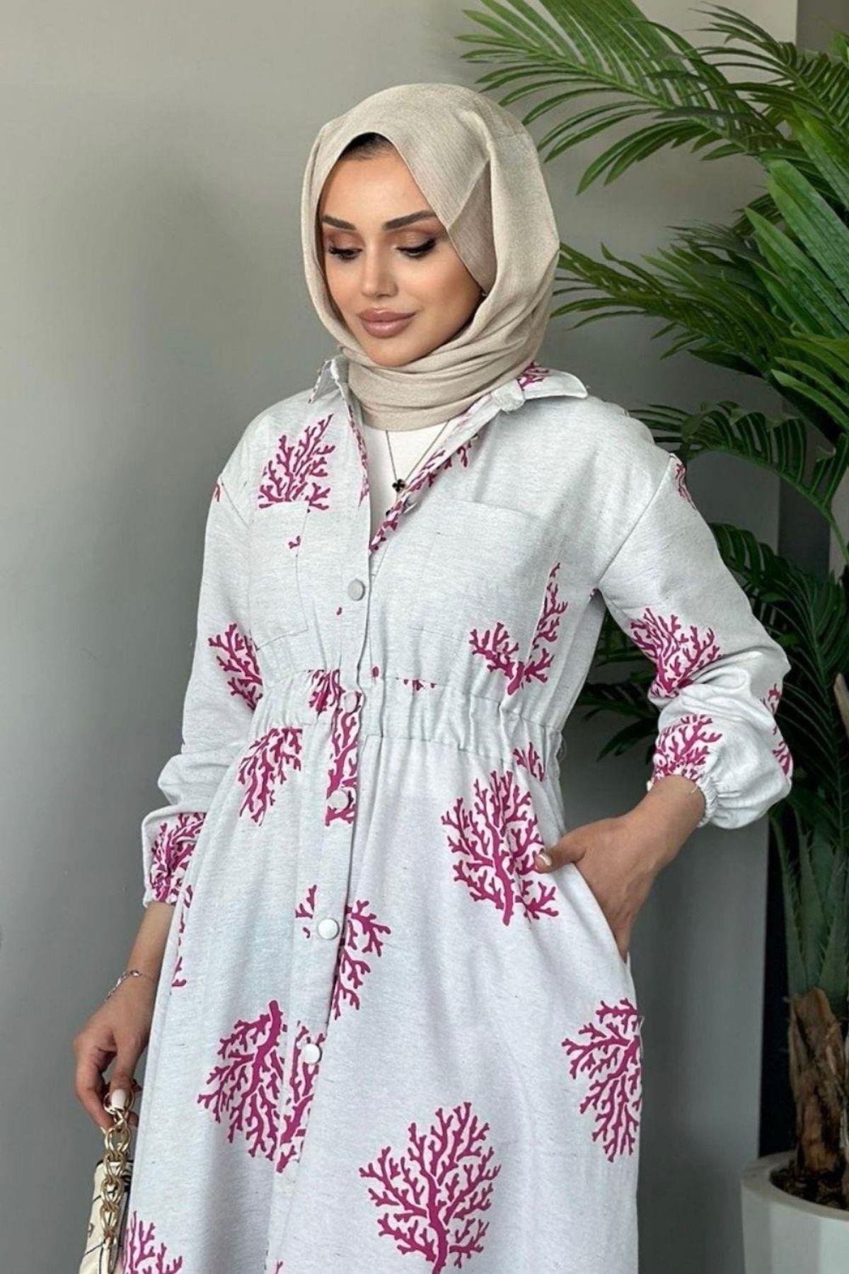 Pervin Desenli Keten Elbise Fuşya, Fiyatları 