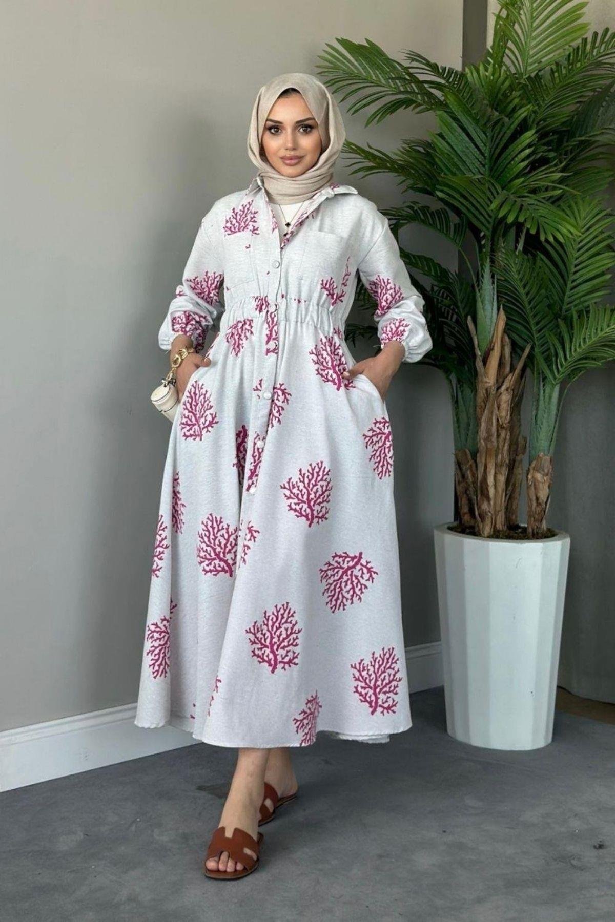 Pervin Desenli Keten Elbise Fuşya, Fiyatları 