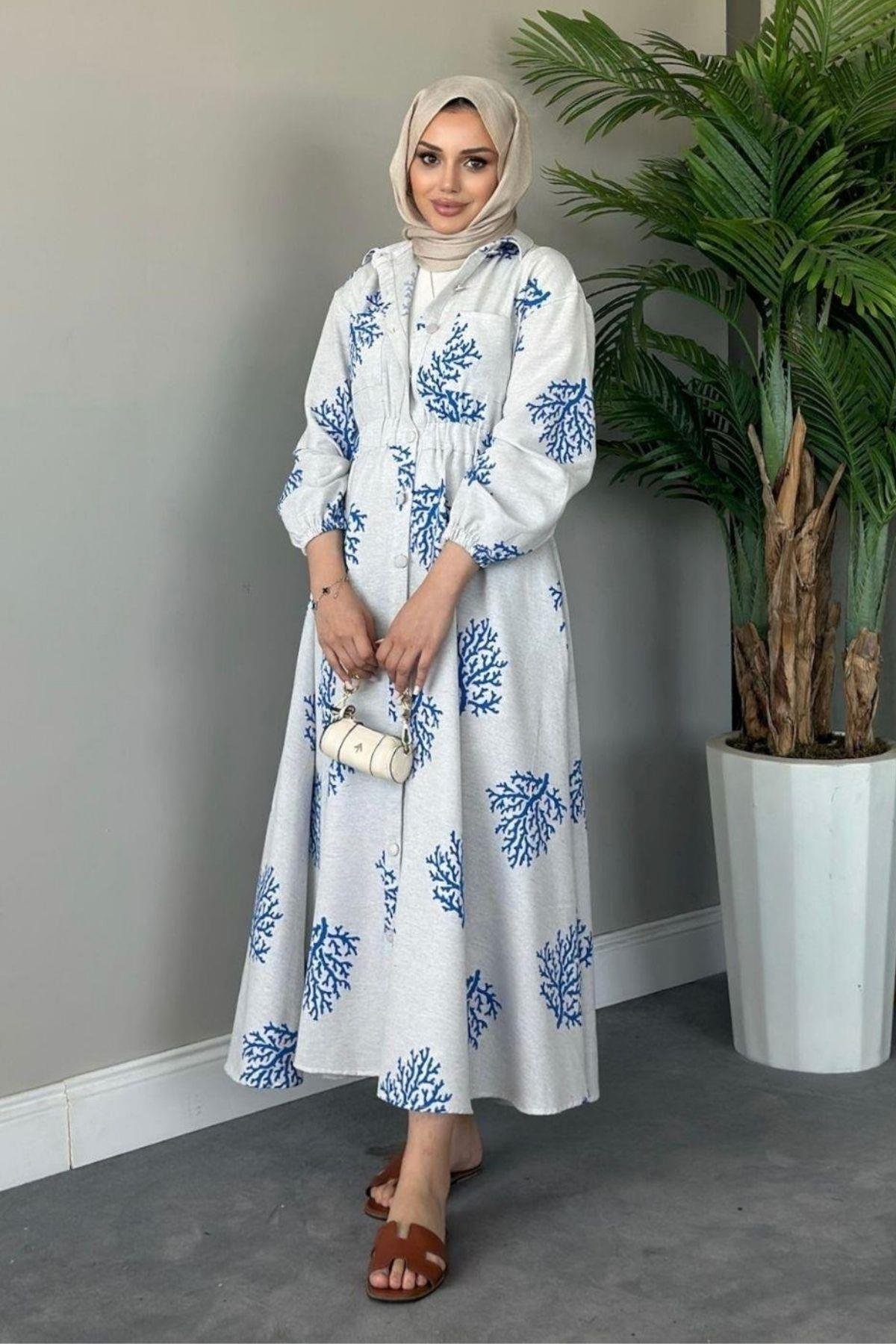 Pervin Desenli Keten Elbise Mavi, Fiyatları 