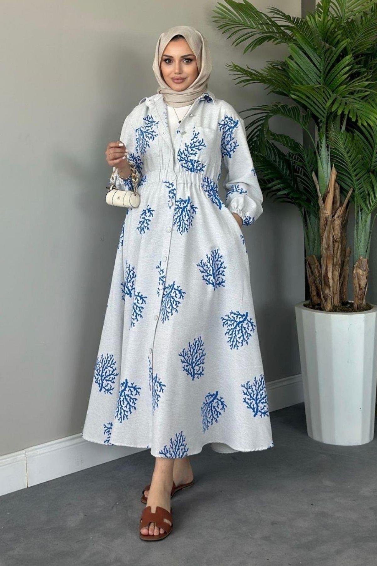 Pervin Desenli Keten Elbise Mavi, Fiyatları 