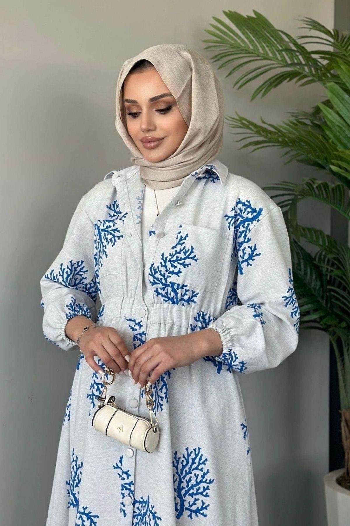 Pervin Desenli Keten Elbise Mavi, Fiyatları 