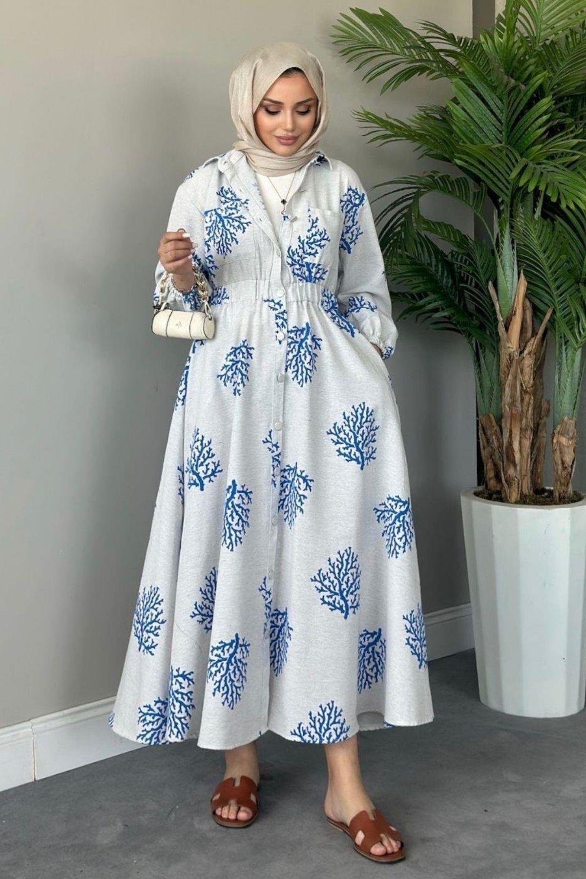 Pervin Desenli Keten Elbise Mavi, Fiyatları 