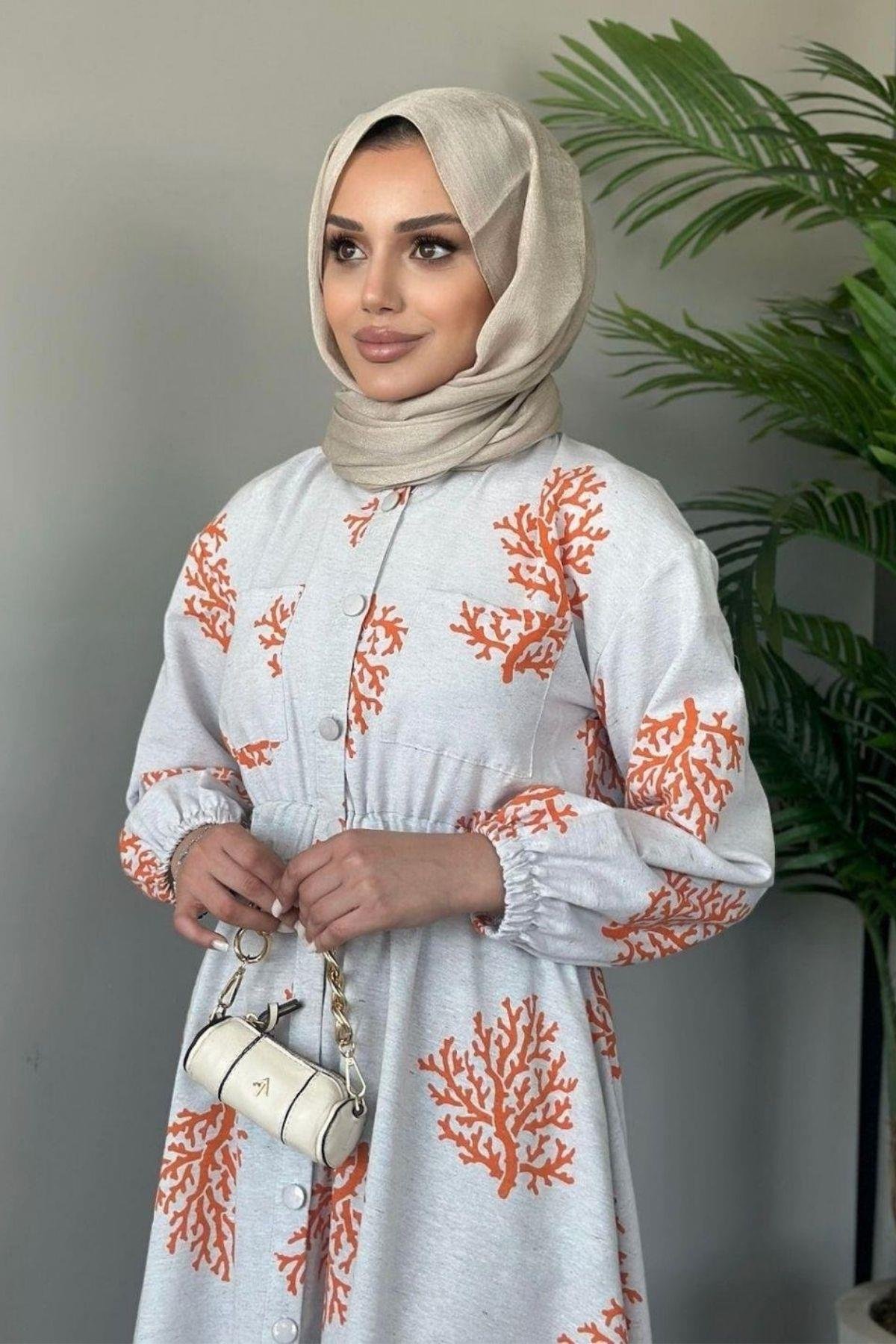 Pervin Desenli Keten Elbise Turuncu, Fiyatları 