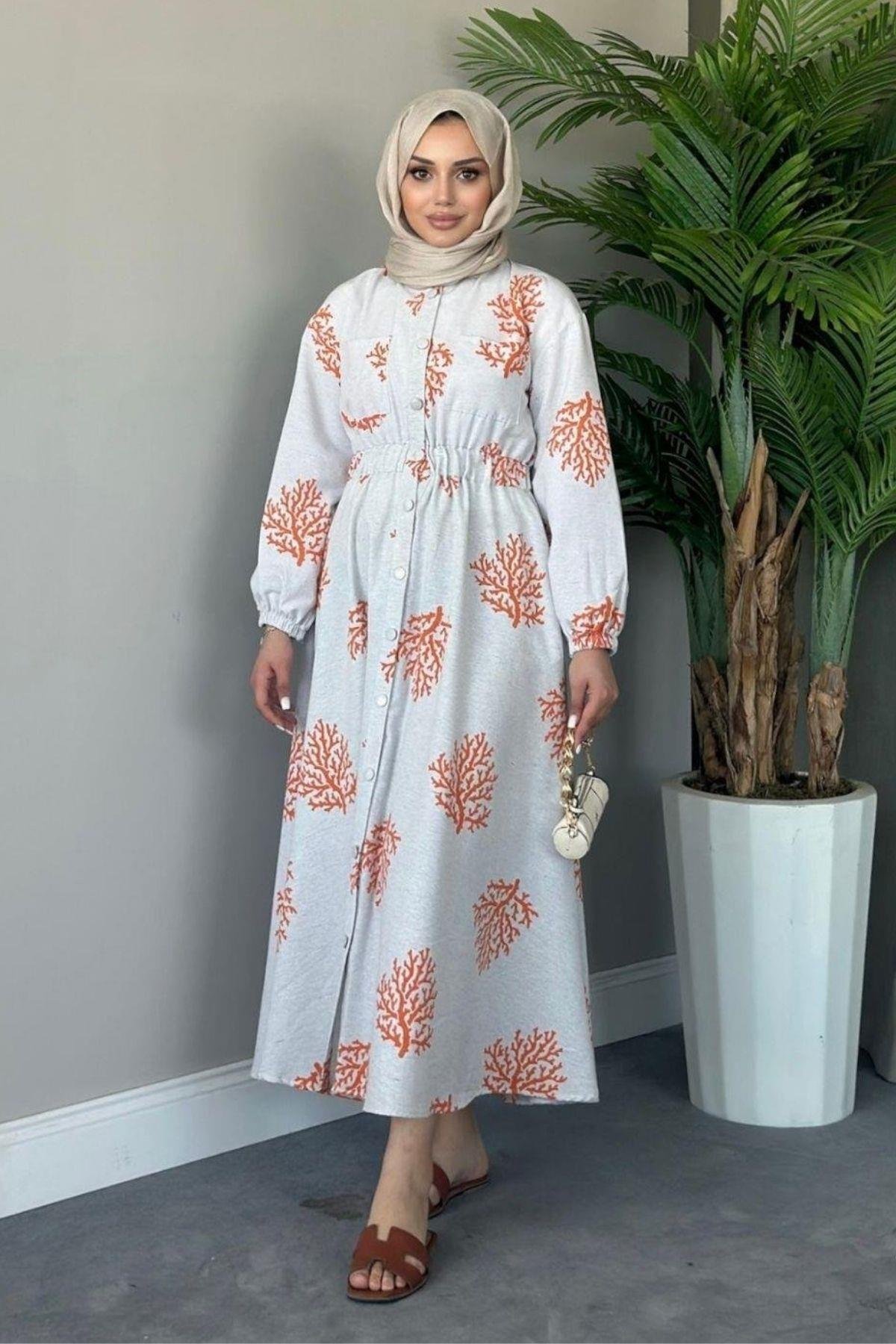 Pervin Desenli Keten Elbise Turuncu, Fiyatları 