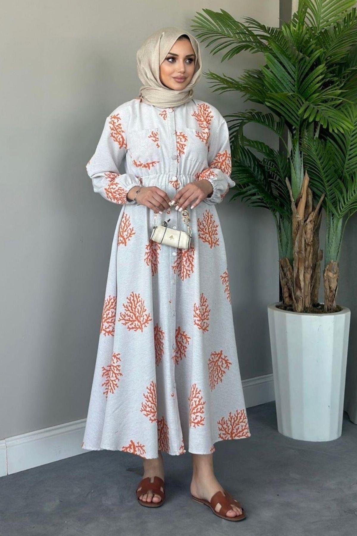 Pervin Desenli Keten Elbise Turuncu, Fiyatları 