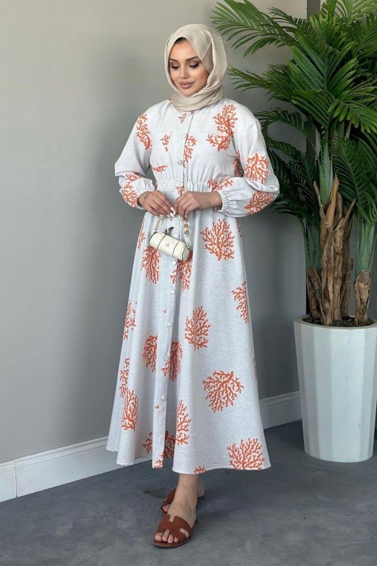 Pervin Desenli Keten Elbise Turuncu, Fiyatları 