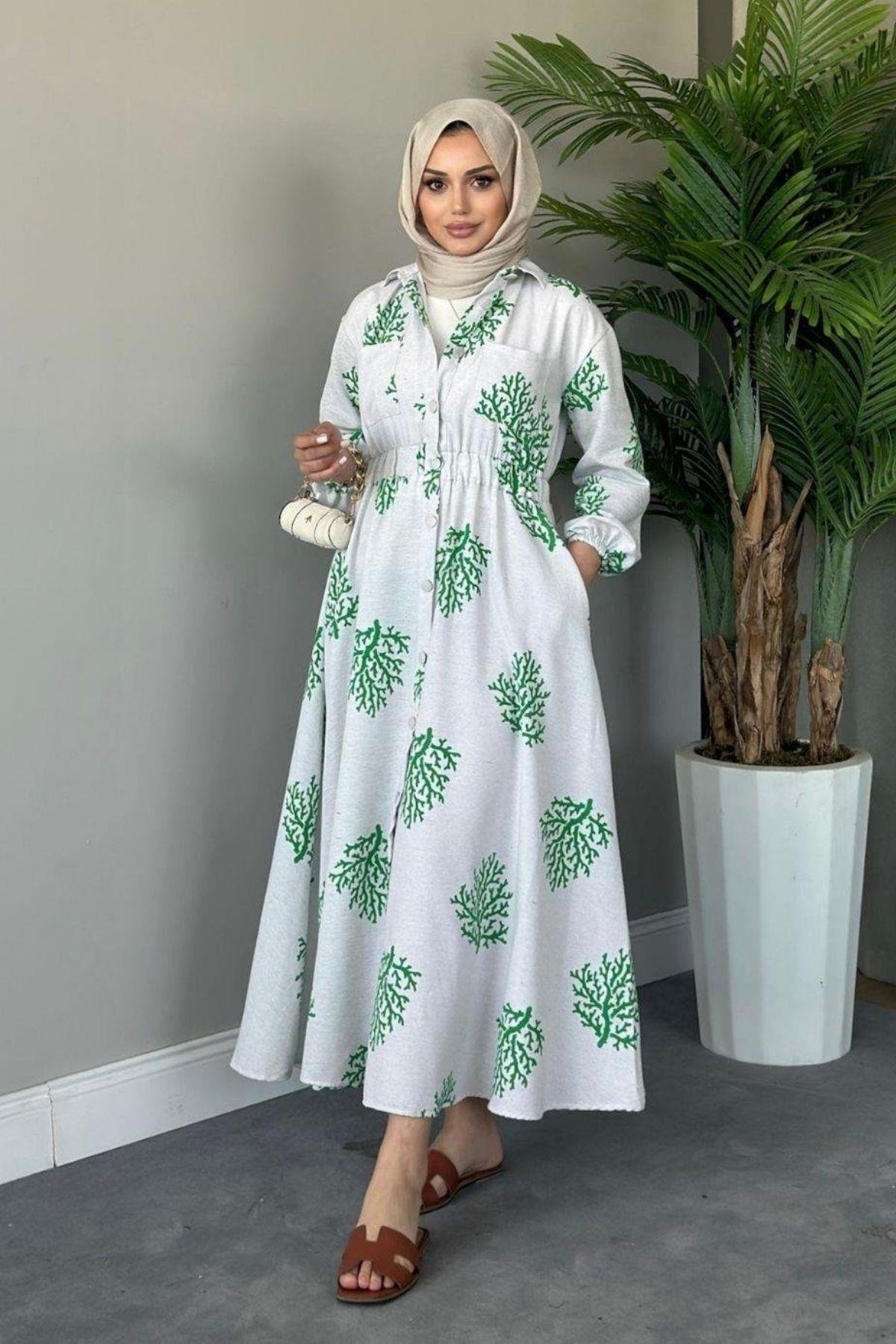 Pervin Desenli Keten Elbise Yeşil, Fiyatları 