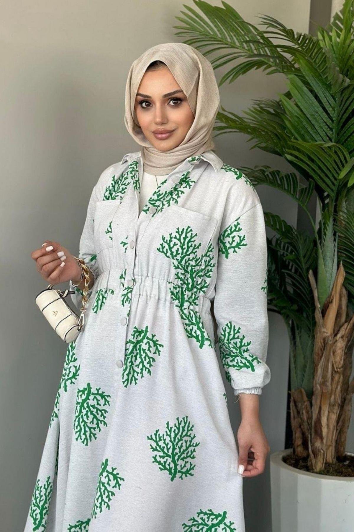 Pervin Desenli Keten Elbise Yeşil, Fiyatları 