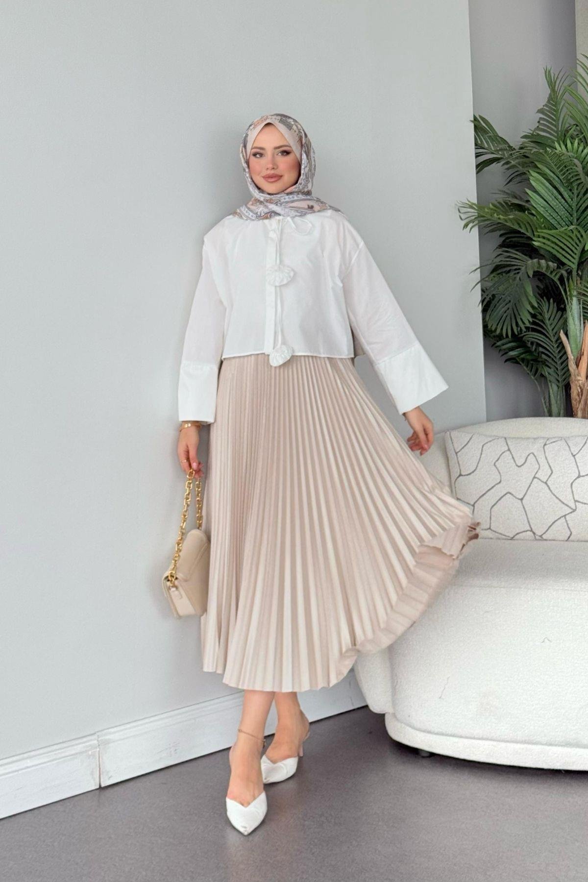 Piliseli Etek Bej, Fiyatları Piliseli Etek Bej - Haza Moda 