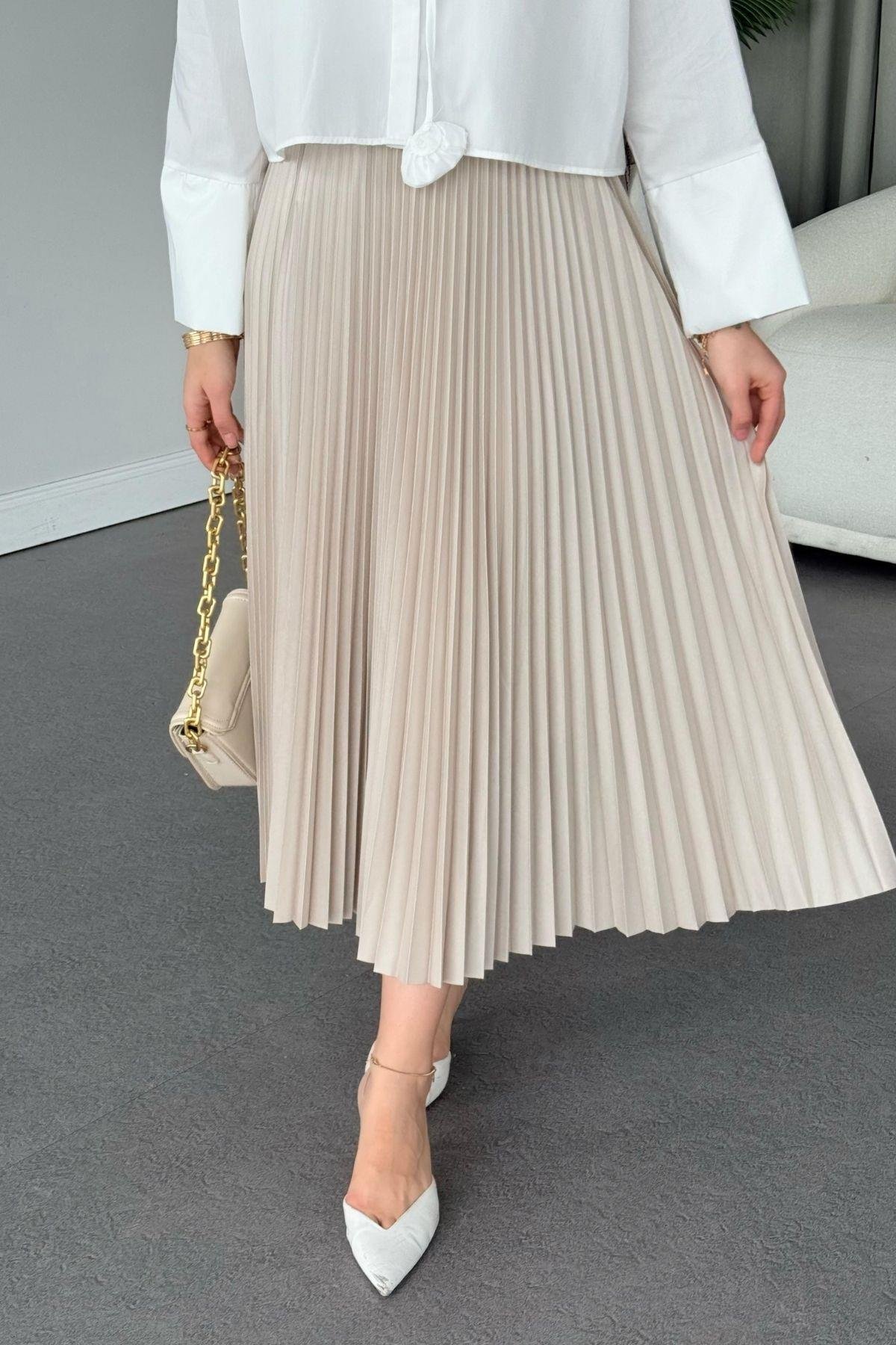 Piliseli Etek Bej, Fiyatları Piliseli Etek Bej - Haza Moda 