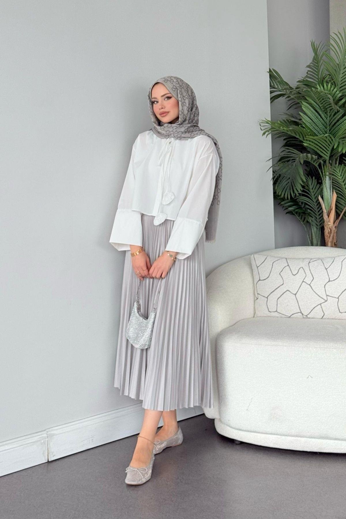 Piliseli Etek Gri, Fiyatları Piliseli Etek Gri - Haza Moda 