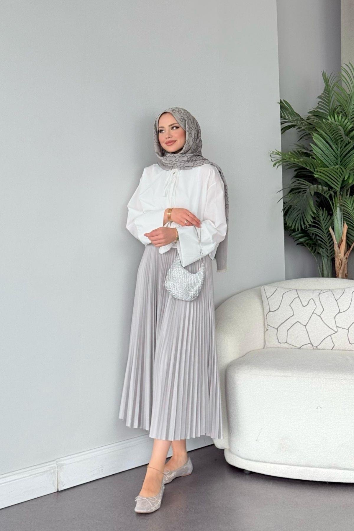 Piliseli Etek Gri, Fiyatları Piliseli Etek Gri - Haza Moda 