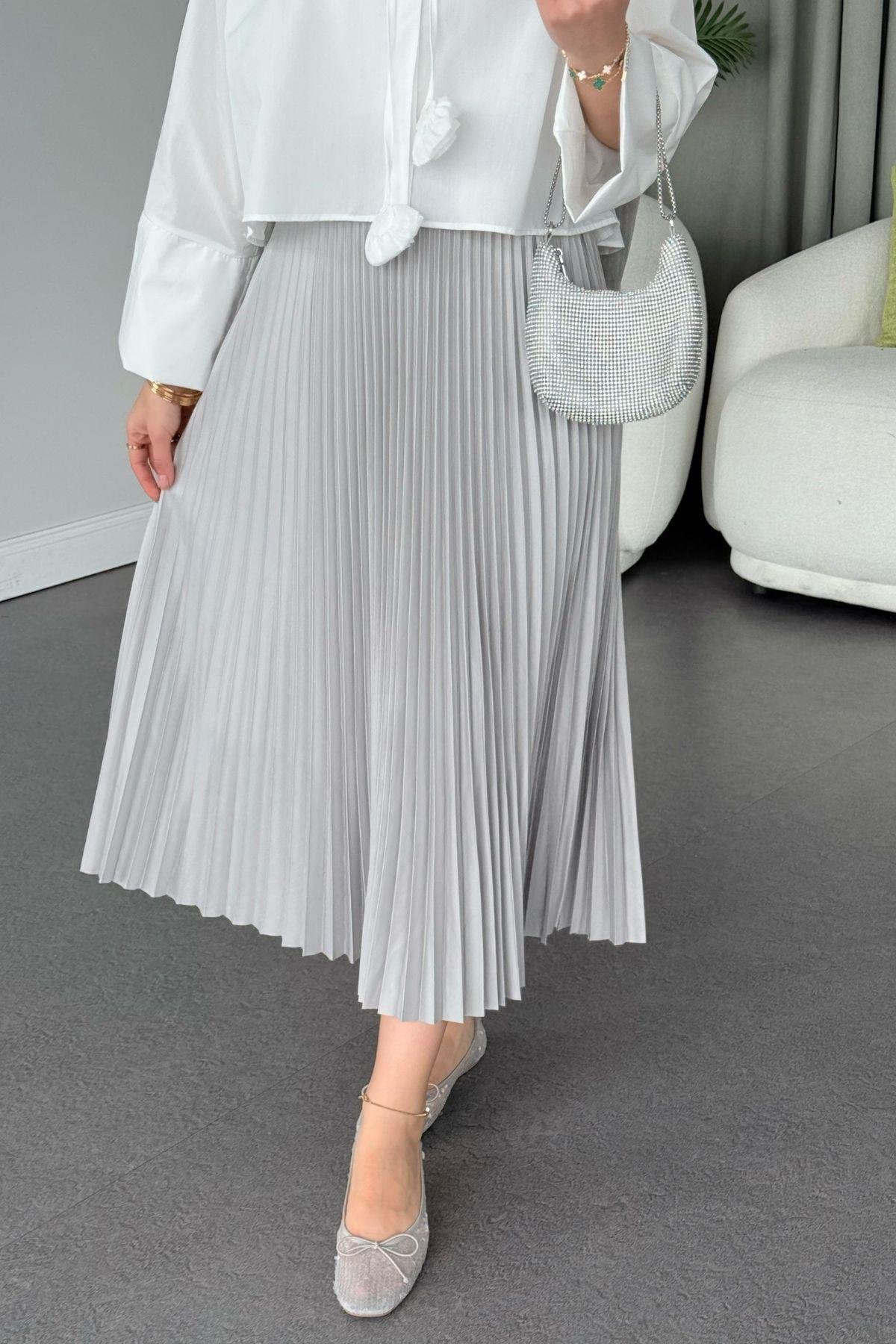 Piliseli Etek Gri, Fiyatları Piliseli Etek Gri - Haza Moda 