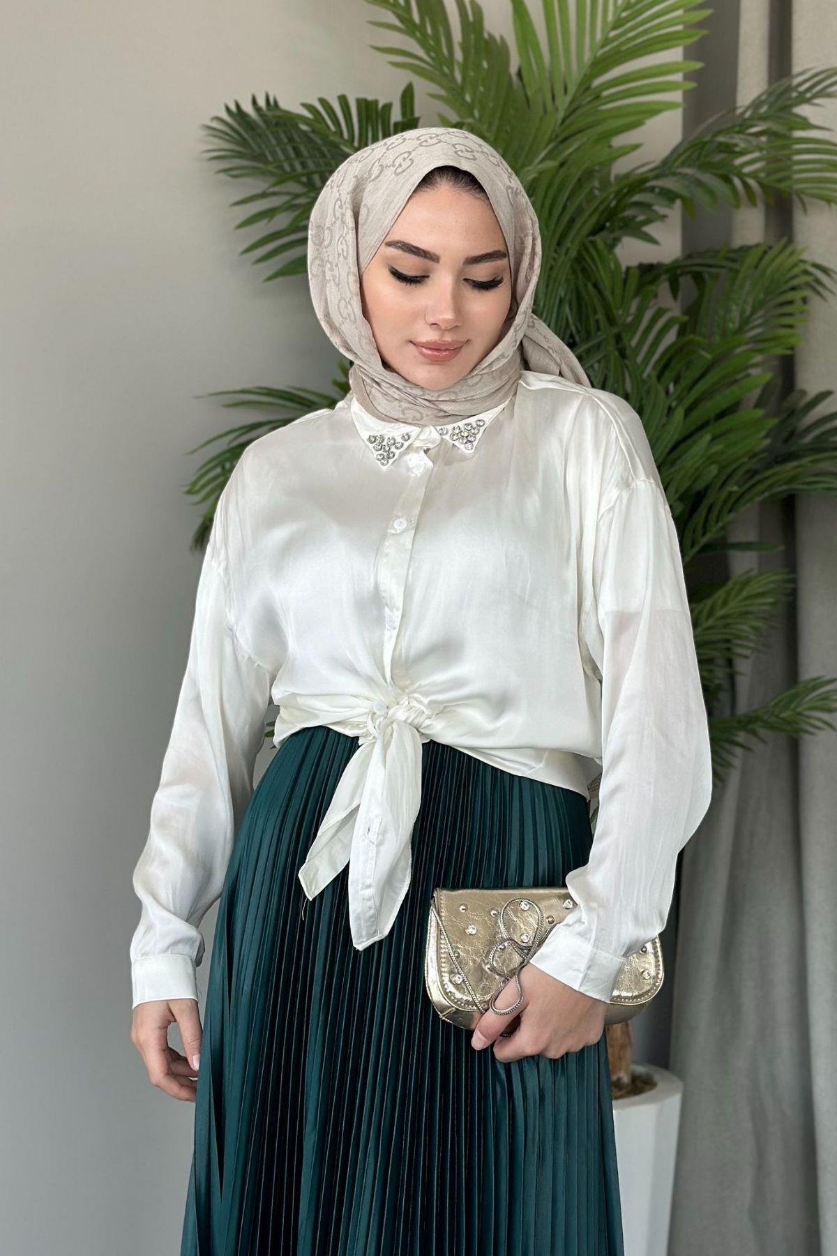 Piliseli Etek Zümrüt, Fiyatları Saten Görünümlü Etek Zümrüt – Haza Moda | Tesettür Giyim