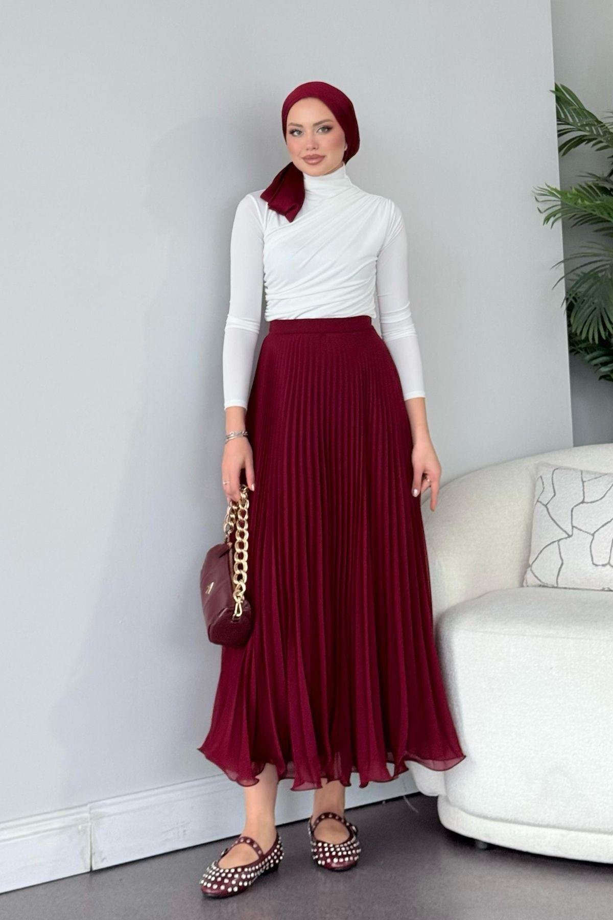 Piliseli Şifon Etek Bordo, Fiyatları 