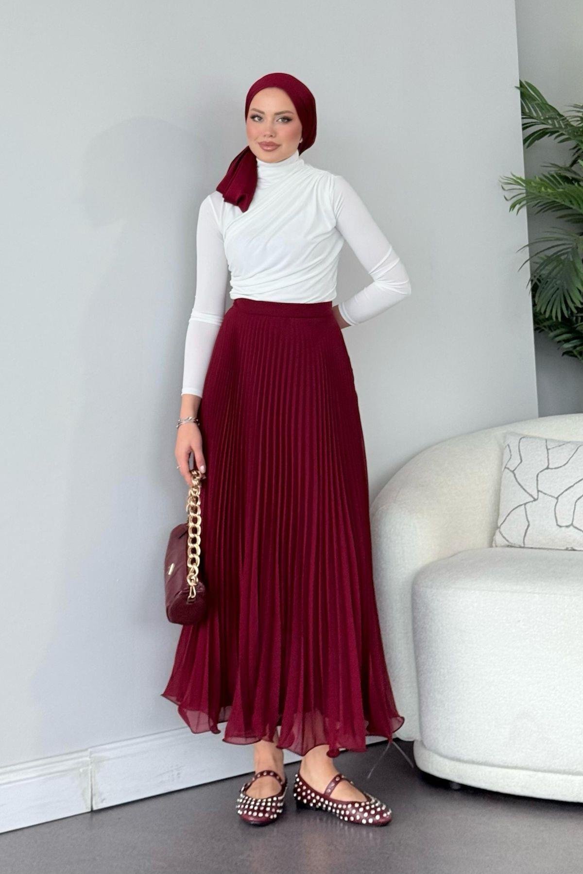 Piliseli Şifon Etek Bordo, Fiyatları 