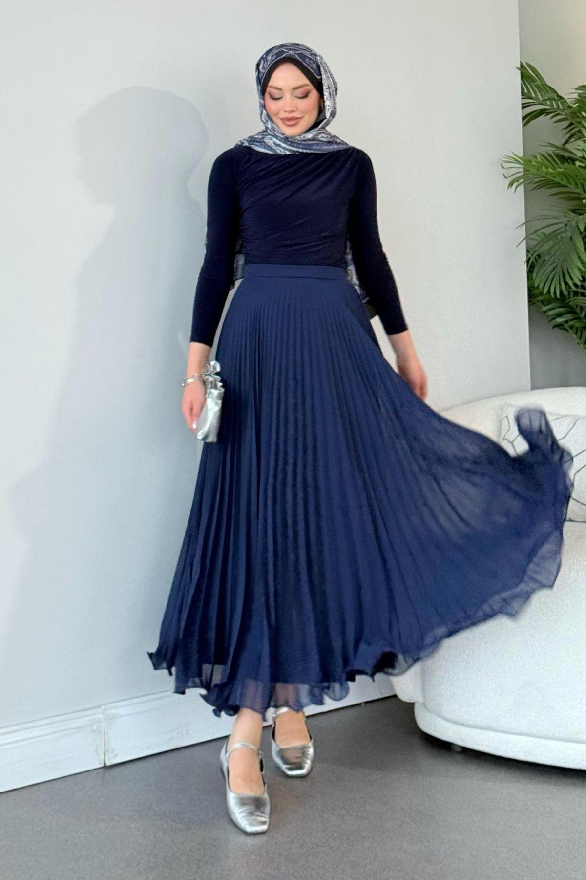 Piliseli Şifon Etek Lacivert, Fiyatları 