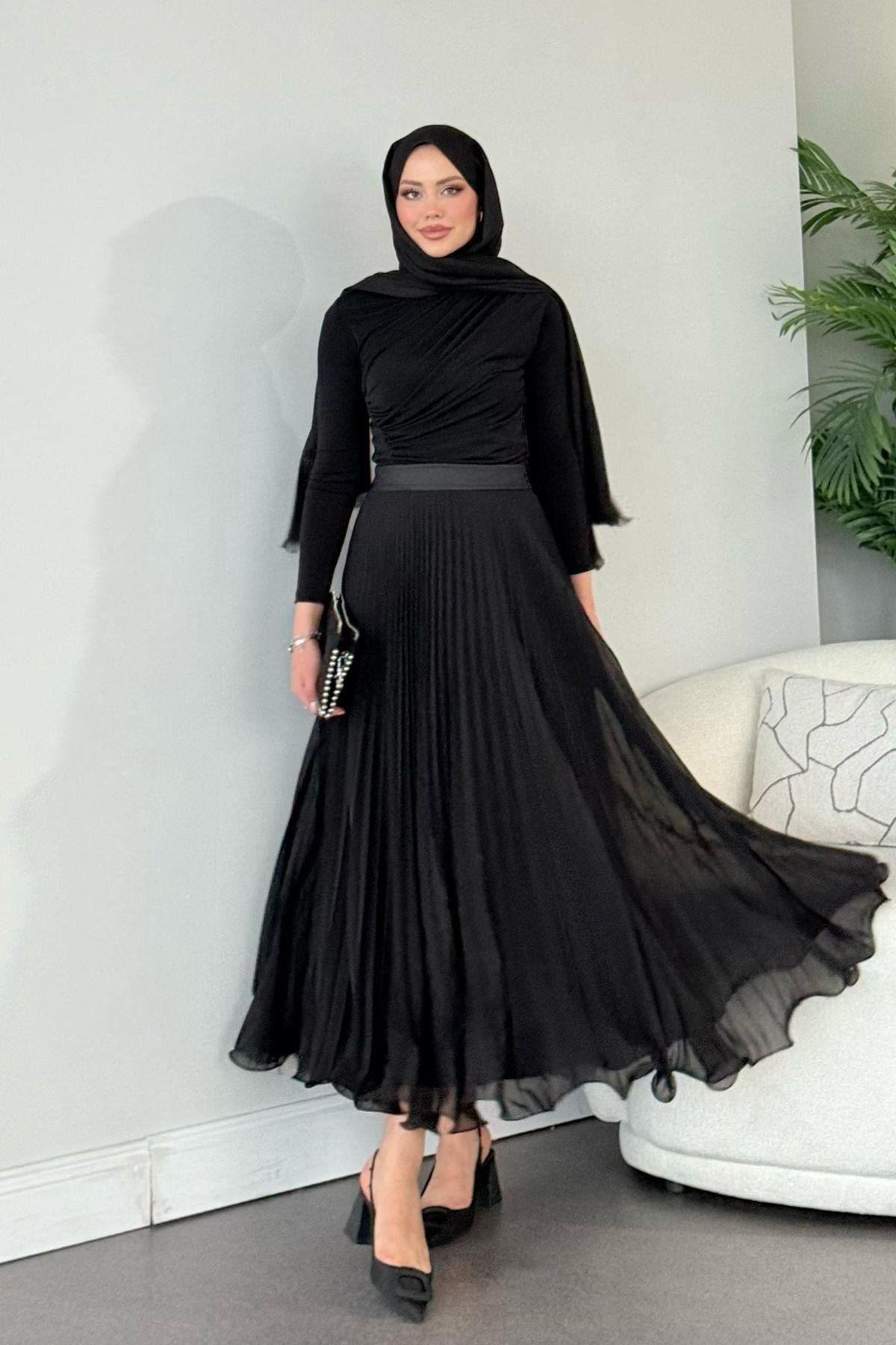 Piliseli Şifon Etek Siyah, Fiyatları 