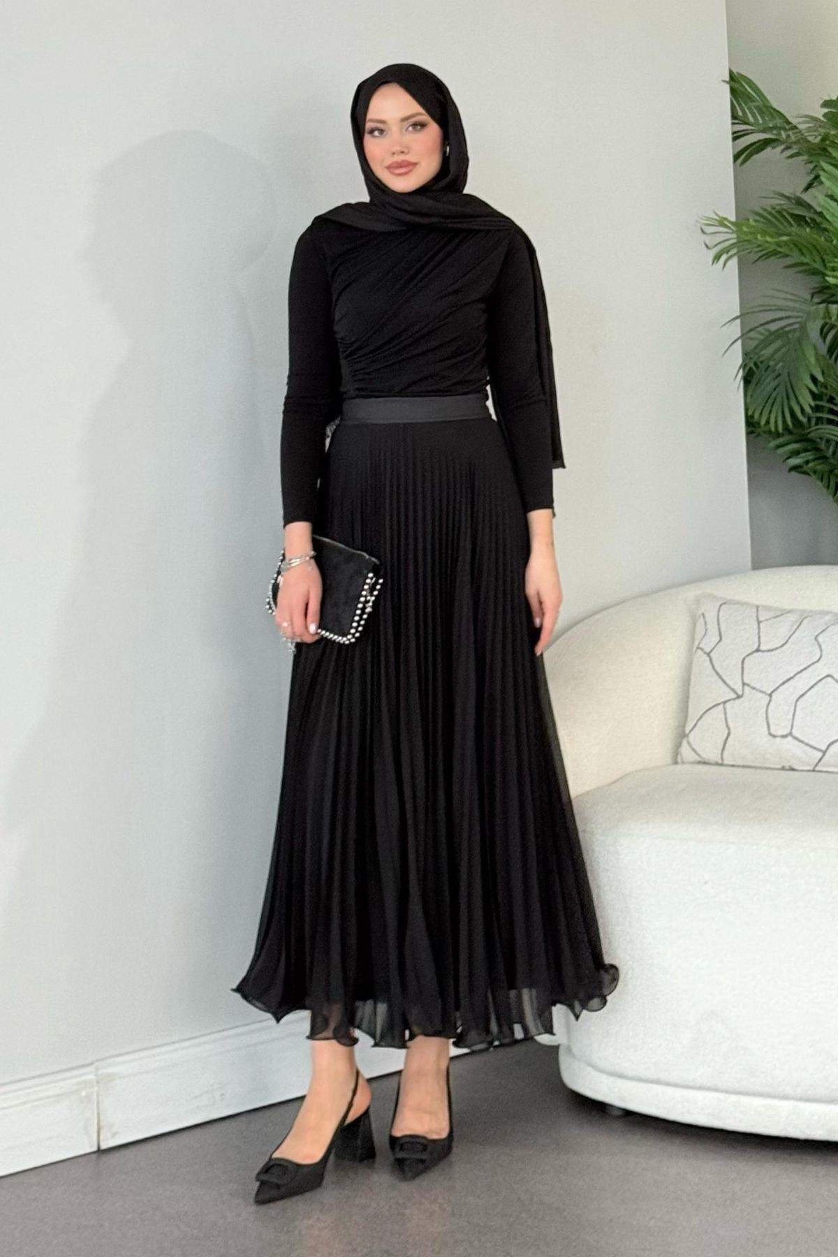 Piliseli Şifon Etek Siyah, Fiyatları 