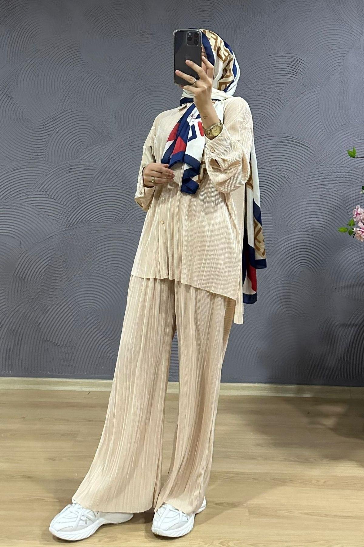 Piliseli Takım Bej, Fiyatları Piliseli Takım Bej – Haza Moda | Tesettür Giyim