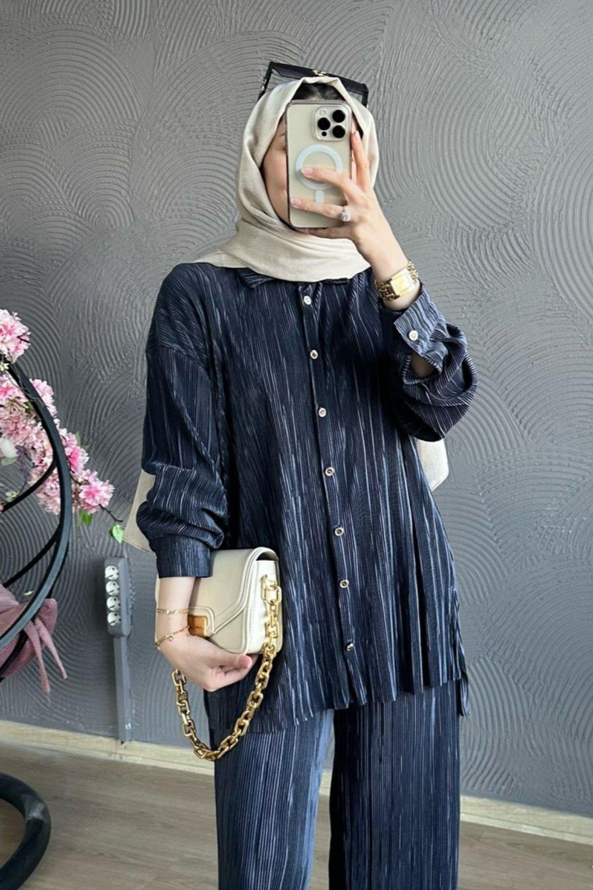 Piliseli Takım Gri, Fiyatları Piliseli Takım Gri – Haza Moda | Tesettür Giyim