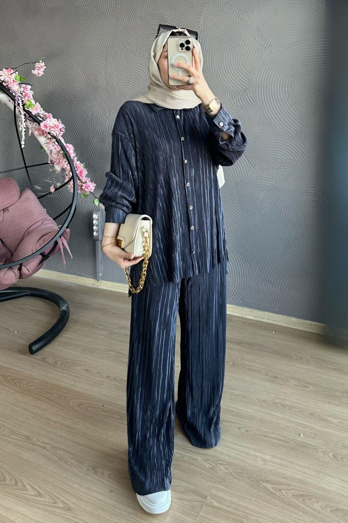 Piliseli Takım Gri, Fiyatları Piliseli Takım Gri – Haza Moda | Tesettür Giyim