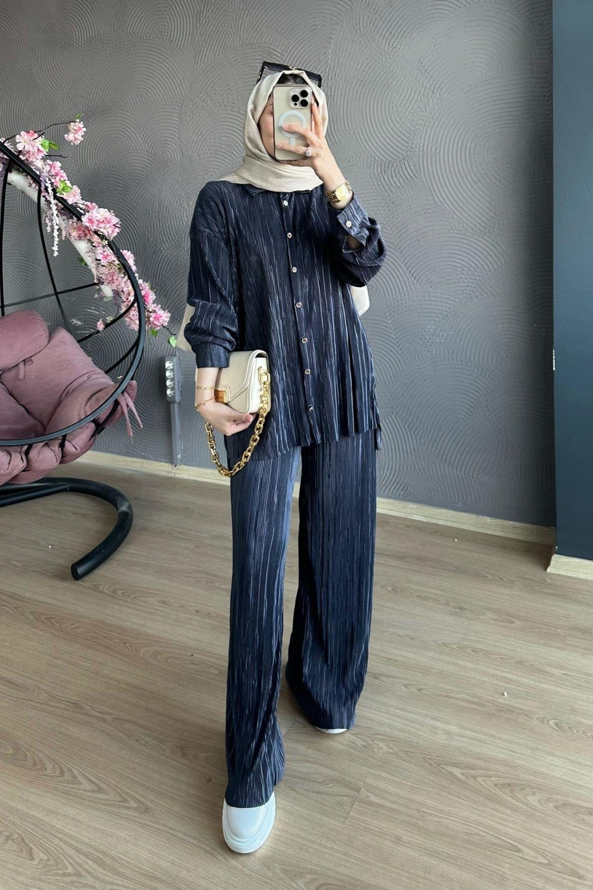 Piliseli Takım Gri, Fiyatları Piliseli Takım Gri – Haza Moda | Tesettür Giyim