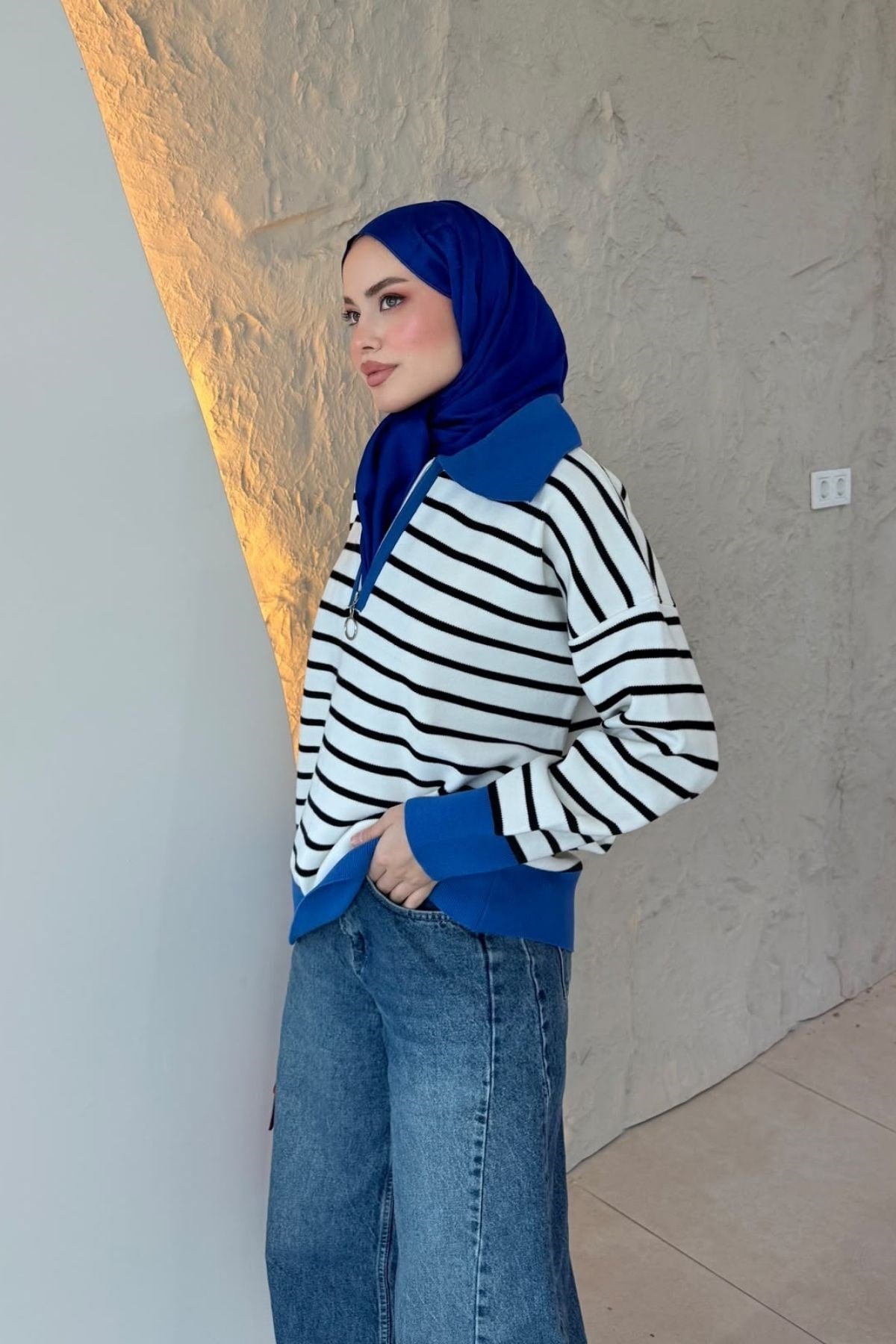 PLO Yaka Kazak Saks, Fiyatları PLO Yaka Kazak Saks – Haza Moda | Tesettür Giyim