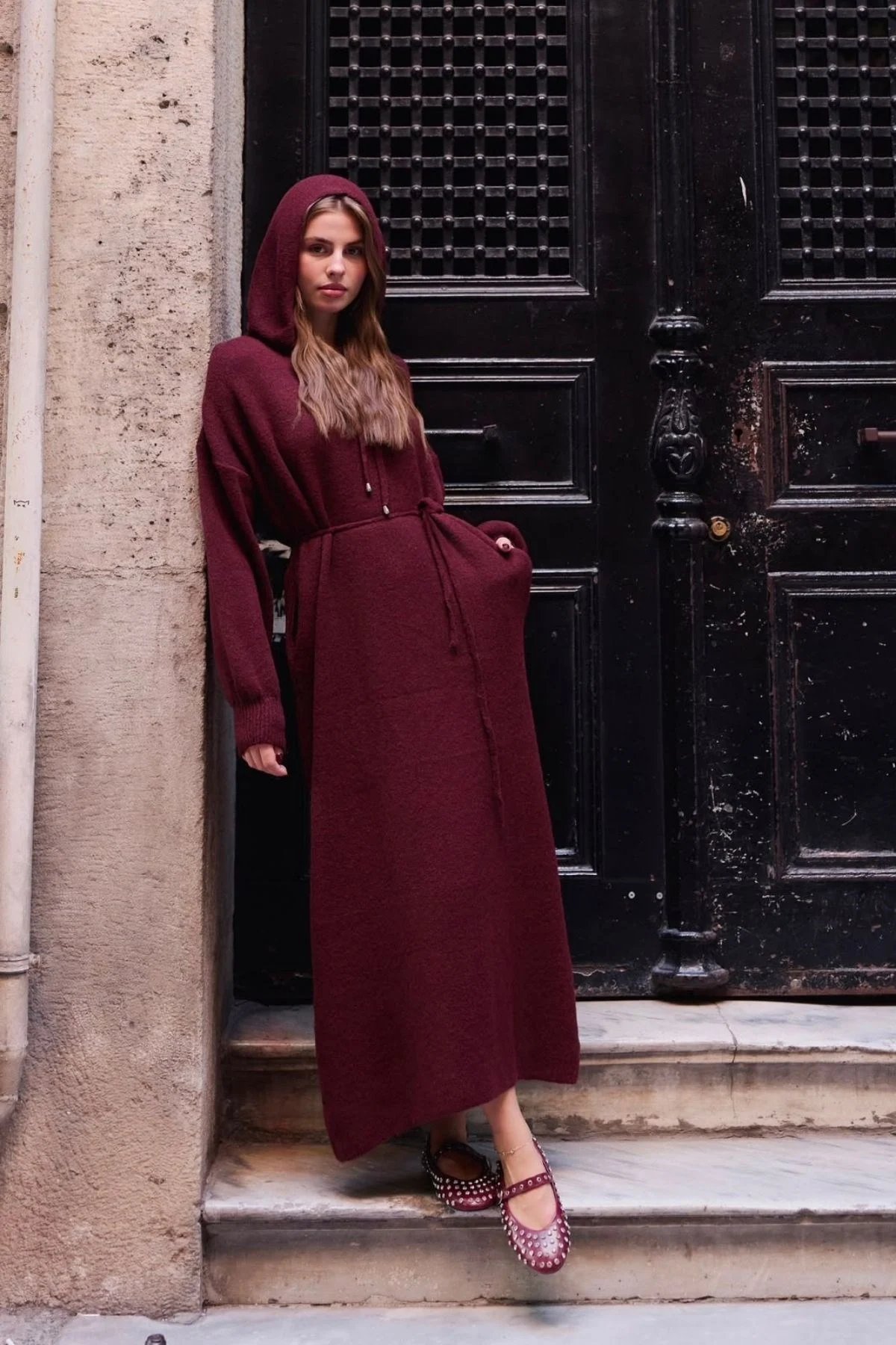 Premium Kapşonlu Sweat Elbise Bordo , Fiyatları 