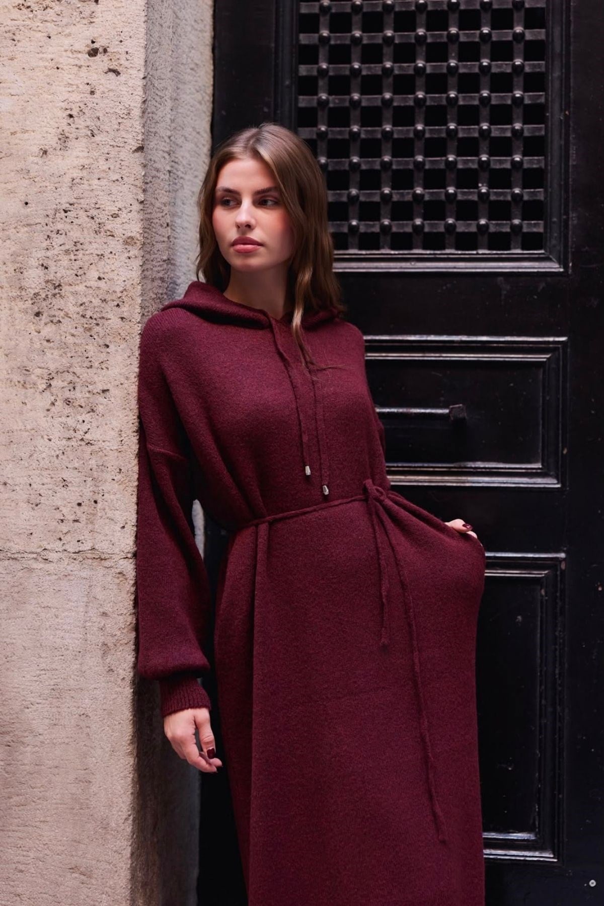 Premium Kapşonlu Sweat Elbise Bordo , Fiyatları 