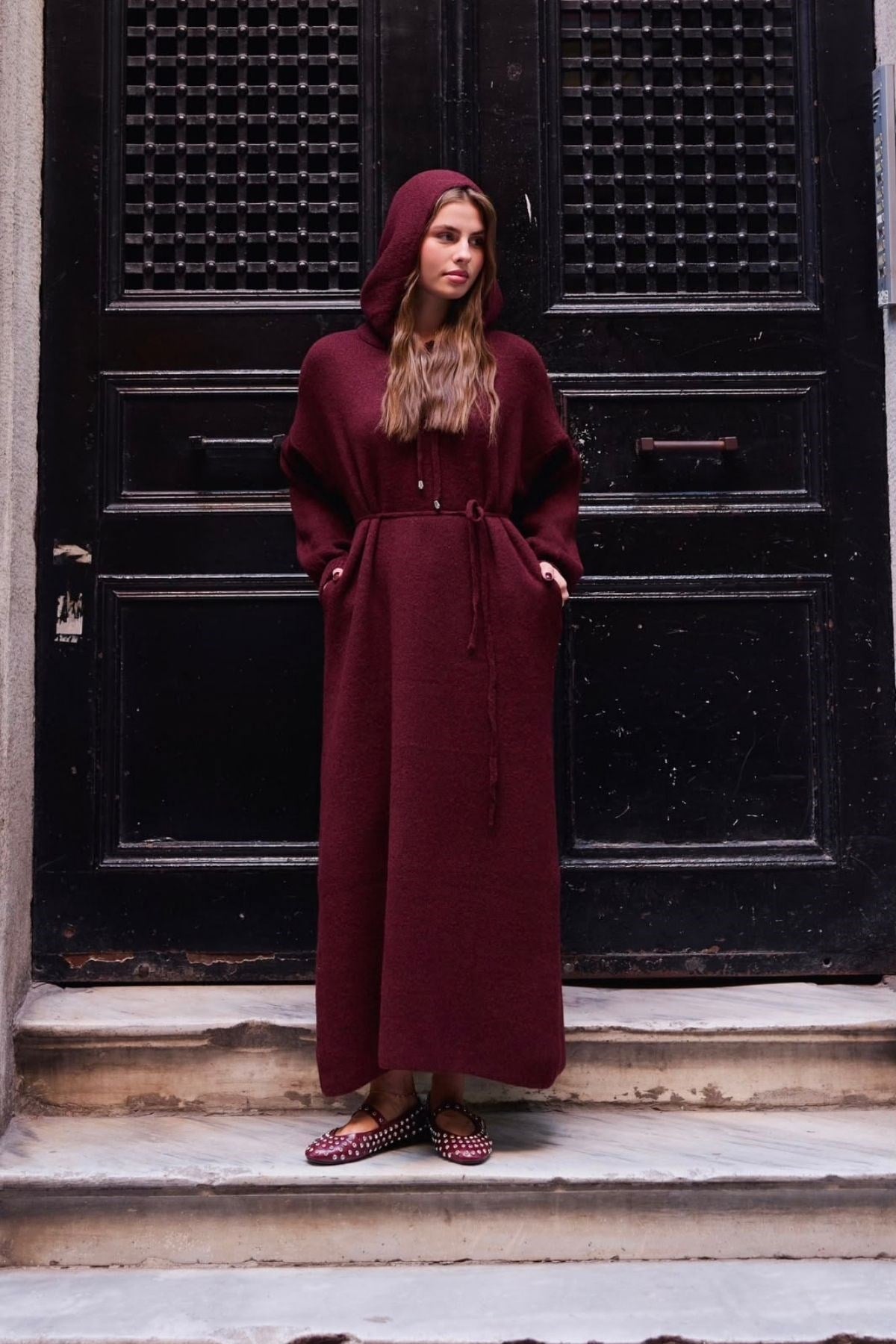 Premium Kapşonlu Sweat Elbise Bordo , Fiyatları 