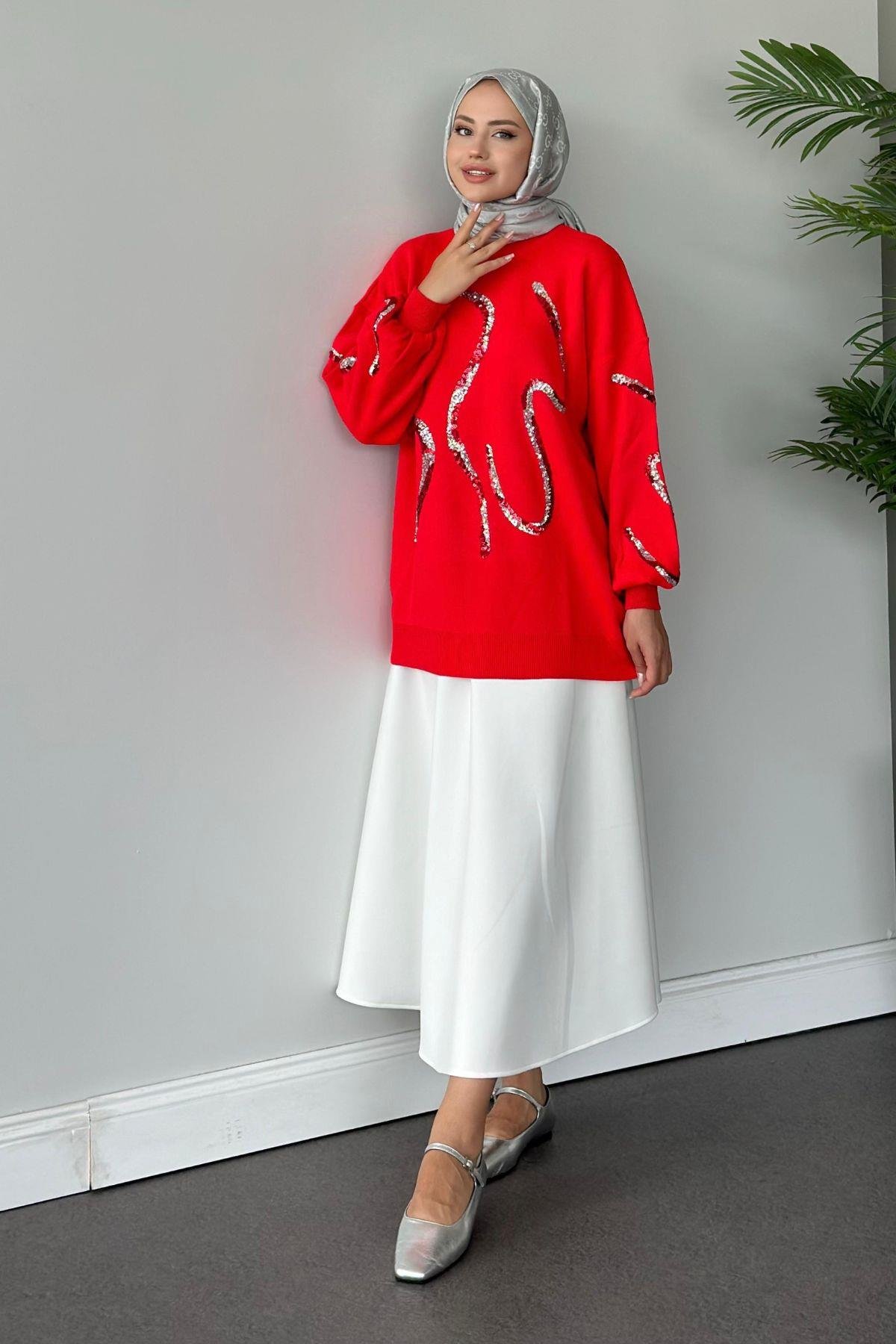 Pullu Triko Tunik Kırmızı, Fiyatları 