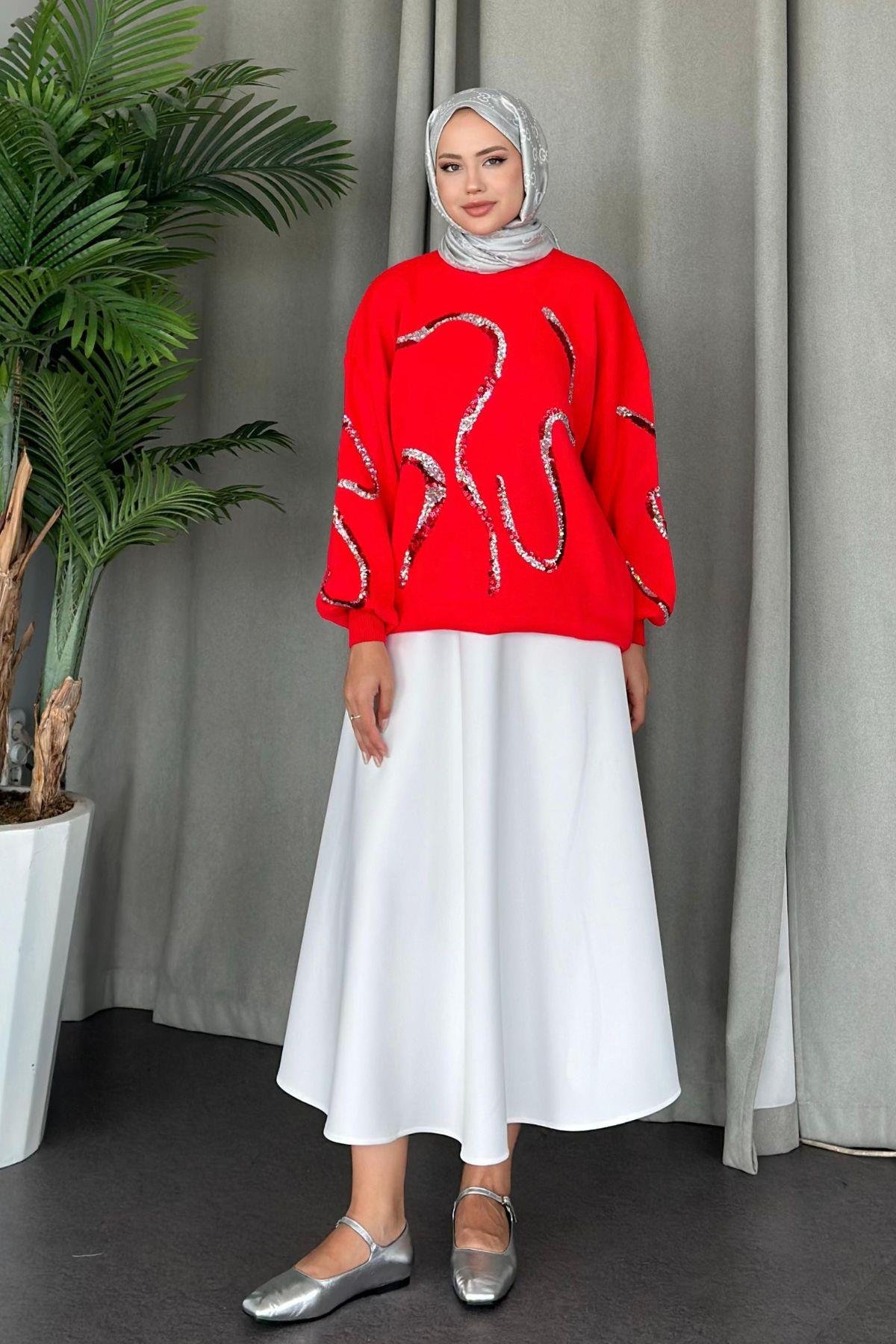 Pullu Triko Tunik Kırmızı, Fiyatları 