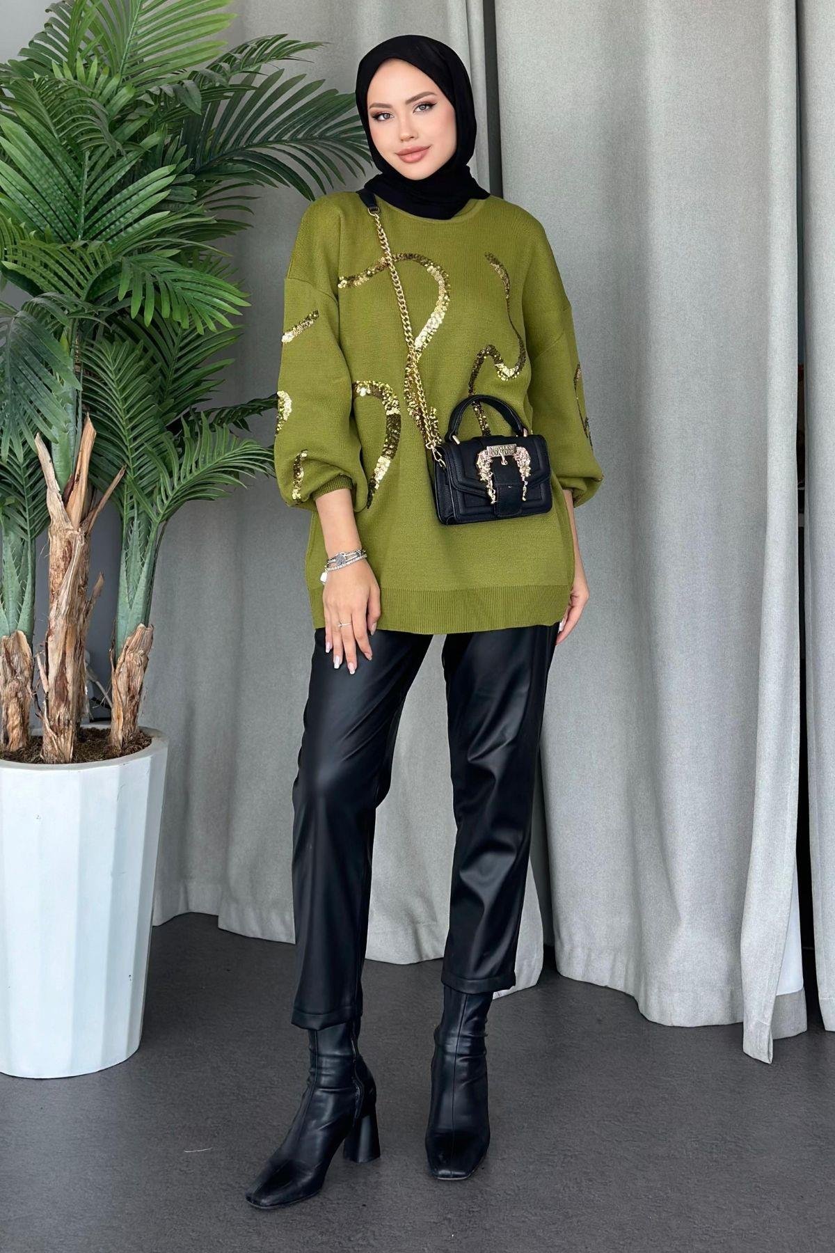 Pullu Triko Tunik Yağyeşili, Fiyatları 