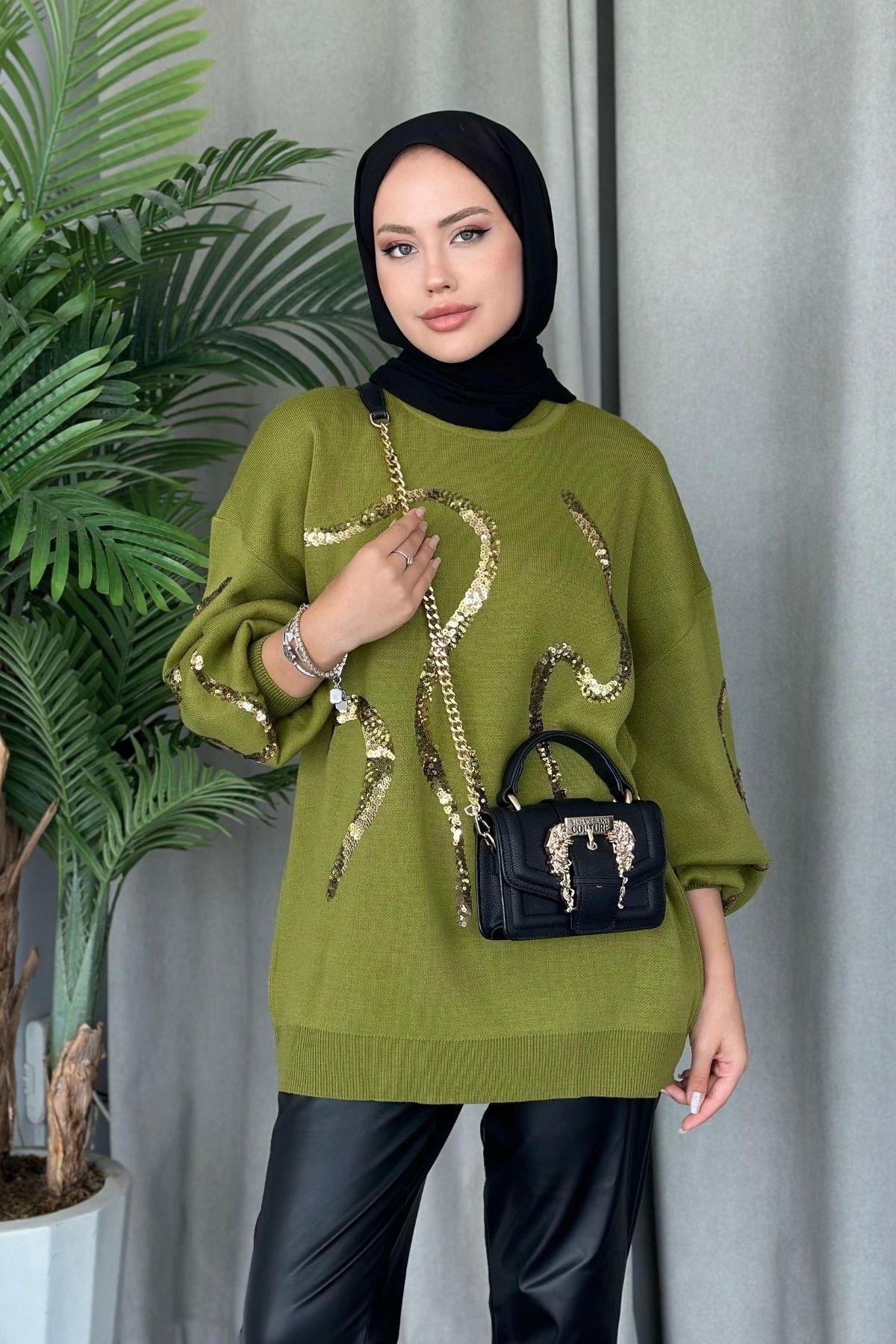 Pullu Triko Tunik Yağyeşili, Fiyatları 