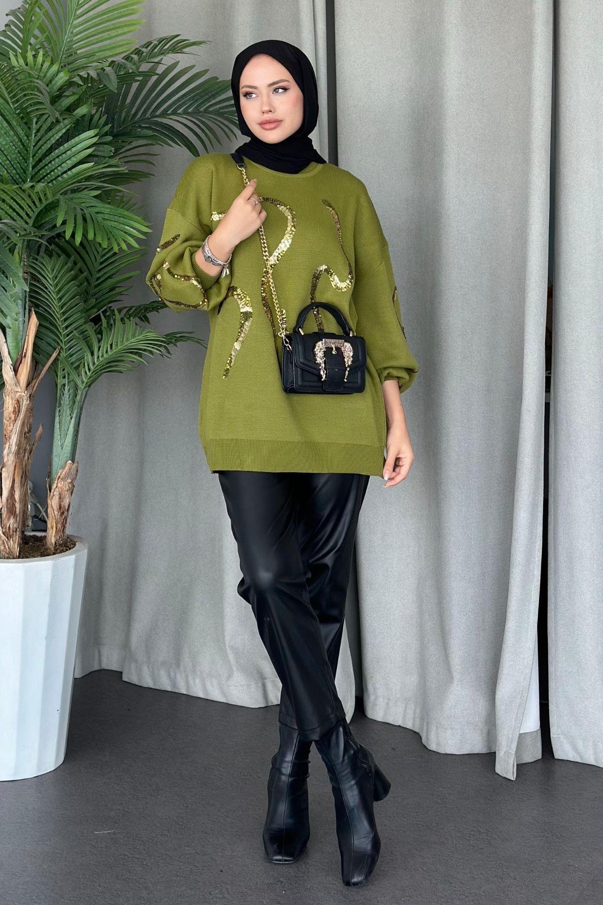 Pullu Triko Tunik Yağyeşili, Fiyatları 