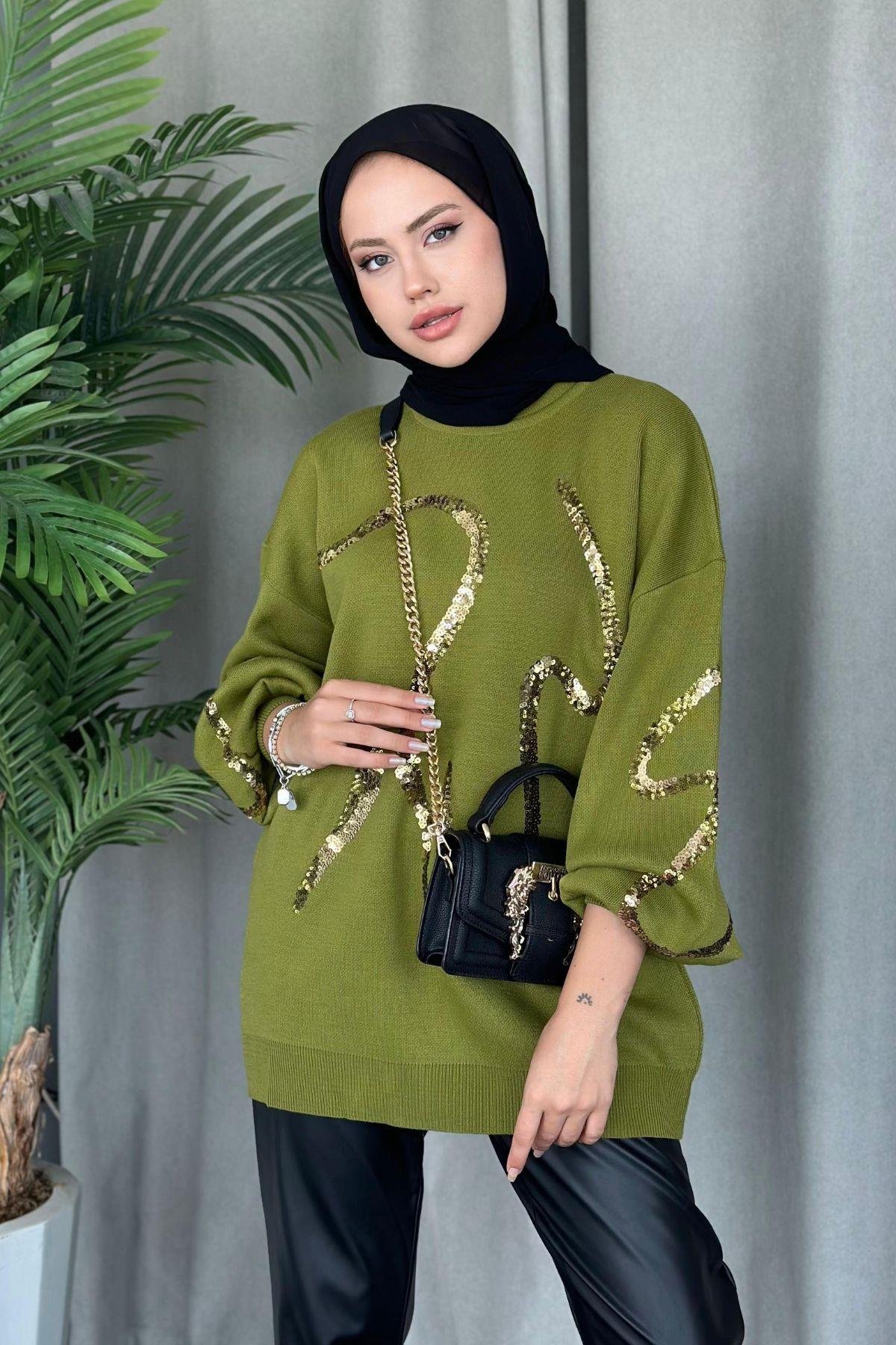 Pullu Triko Tunik Yağyeşili, Fiyatları 