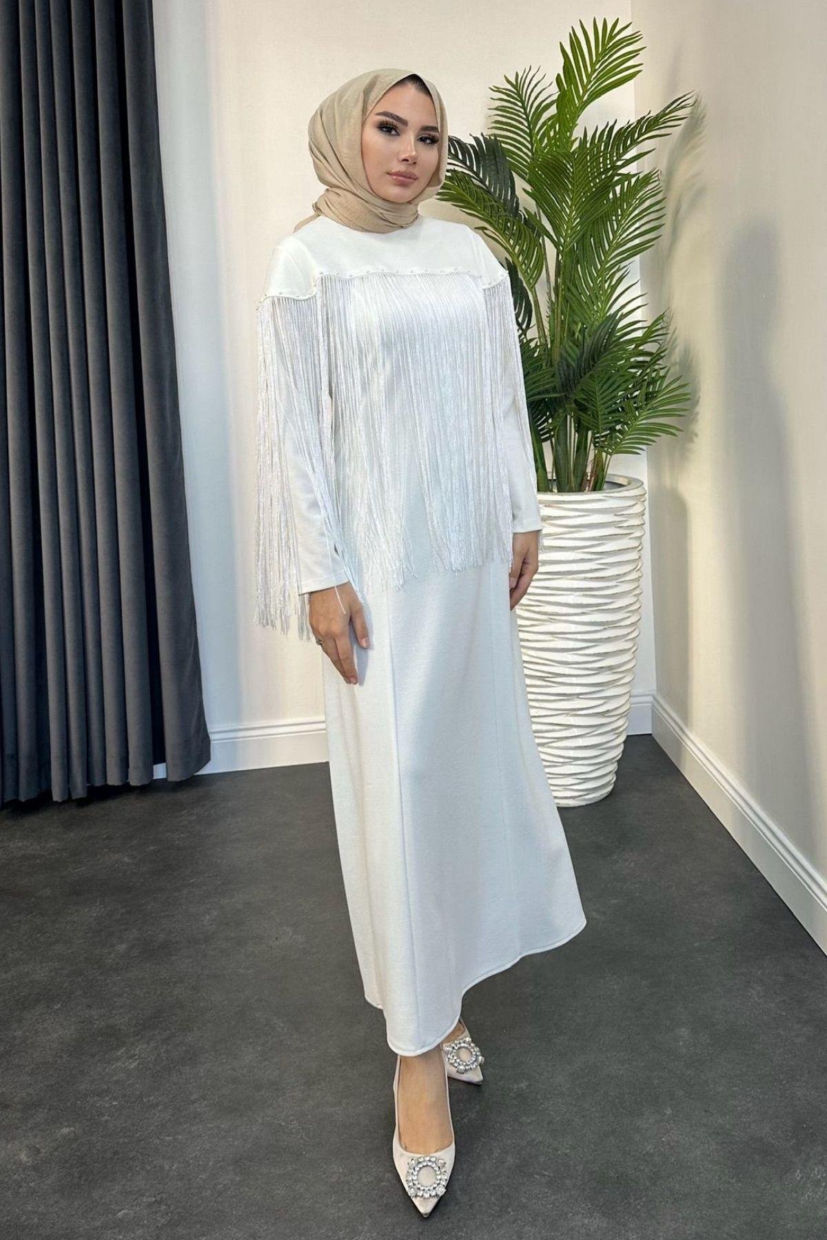 Püskül Detay Elbise Beyaz, Fiyatları 